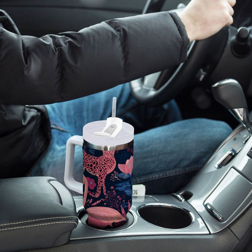 30 oz Insulated Stainless Steel Tumbler Double Wall Stainless Steel Tumbler with 2-Way Drinking Flamingos and Leopard Print C568Z