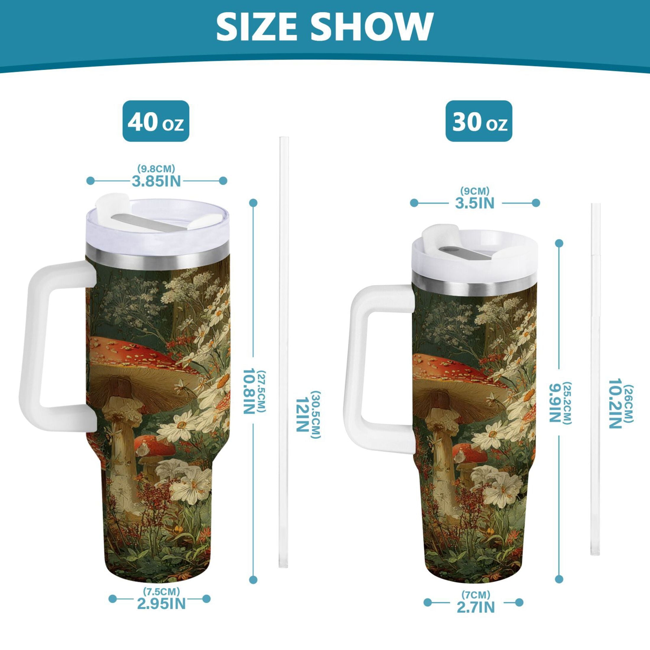40 oz Insulated Stainless Steel Tumbler Double Wall Stainless Steel Tumbler with 2-Way Drinking Red Mushrooms C505X