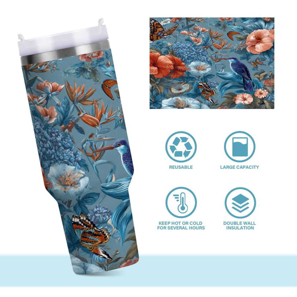 30 oz Insulated Stainless Steel Tumbler Double Wall Stainless Steel Tumbler with 2-Way Drinking Birds and Flowers C552Y