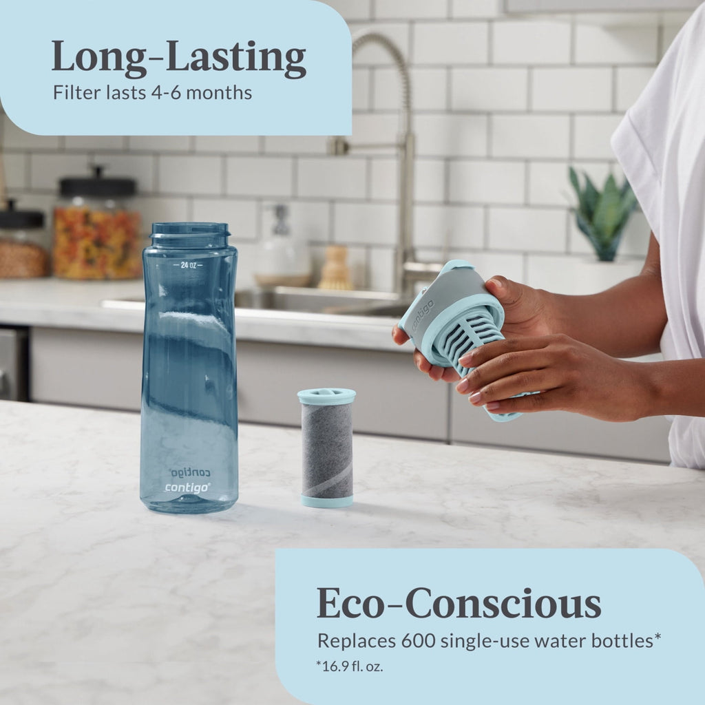 (2 pack) Contigo Clybourn Plastic FreeFlow Filter Water Bottle with AUTOSEAL Lid 24 oz., Dark Ice, with Replacable Filter C062X