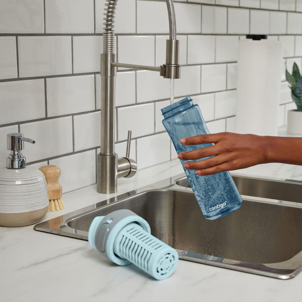 (2 pack) Contigo Clybourn Plastic FreeFlow Filter Water Bottle with AUTOSEAL Lid 24 oz., Dark Ice, with Replacable Filter C062X