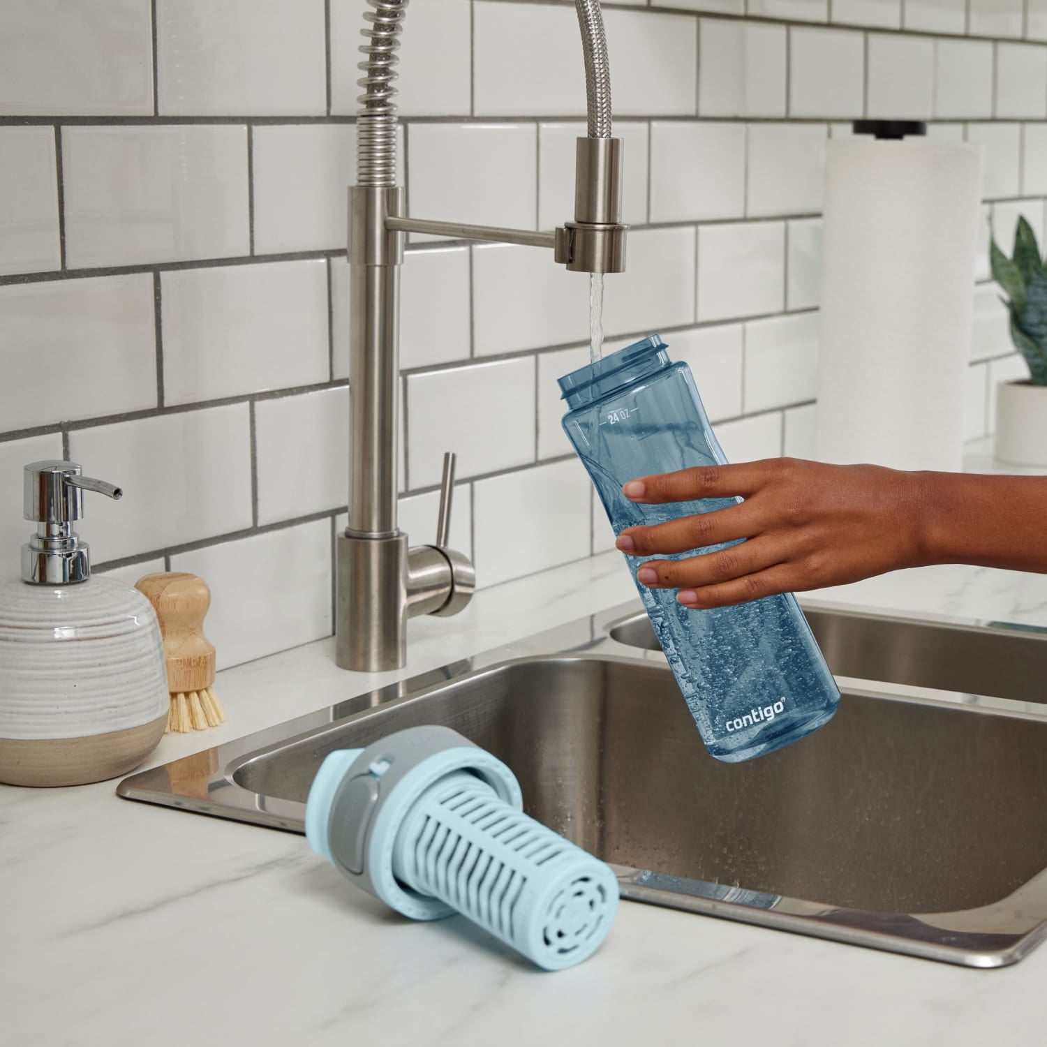 (2 pack) Contigo Clybourn Plastic FreeFlow Filter Water Bottle with AUTOSEAL Lid 24 oz., Dark Ice, with Replacable Filter C062X