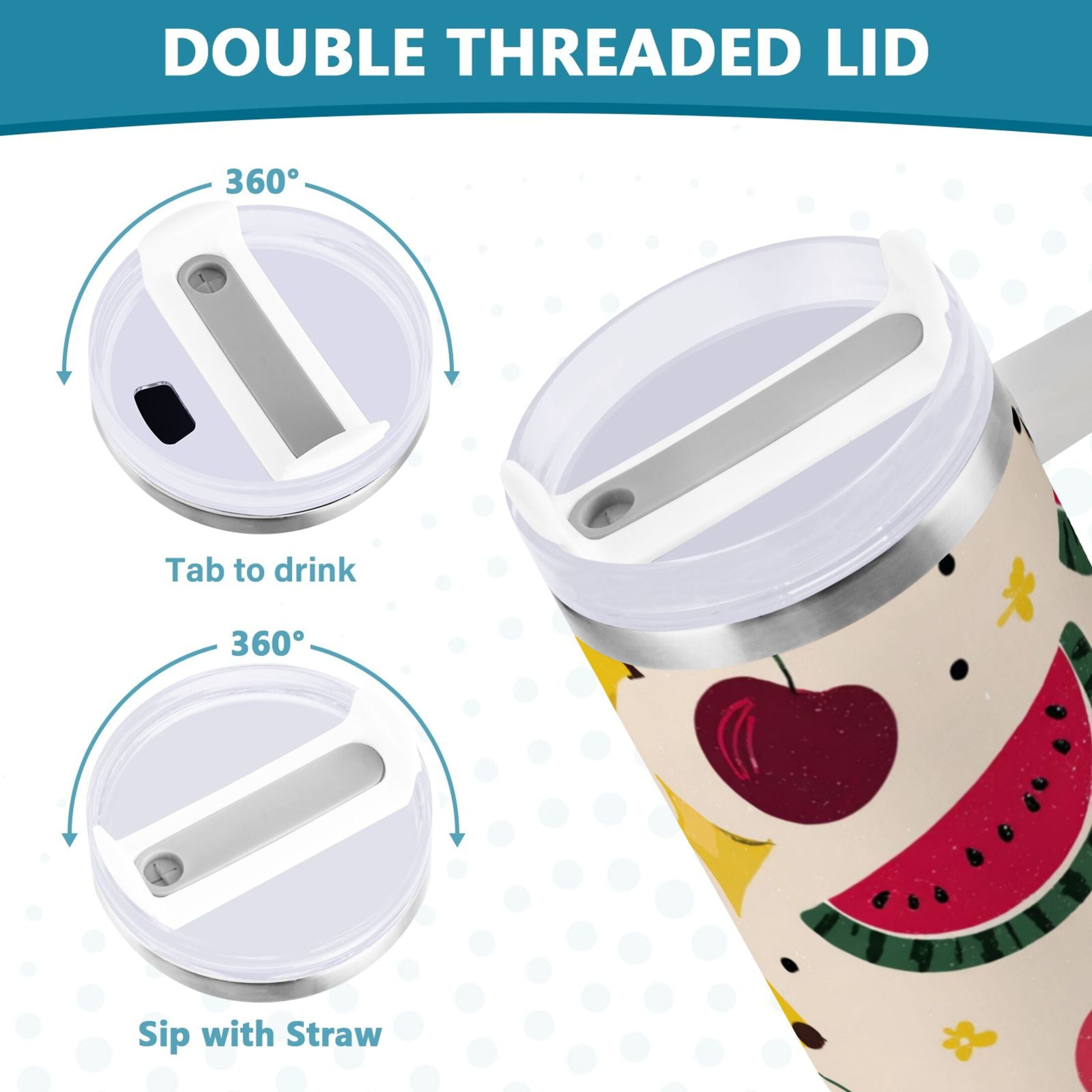 30 oz Insulated Stainless Steel Tumbler Double Wall Stainless Steel Tumbler with 2-Way Drinking Watermelon and Cherries C579K
