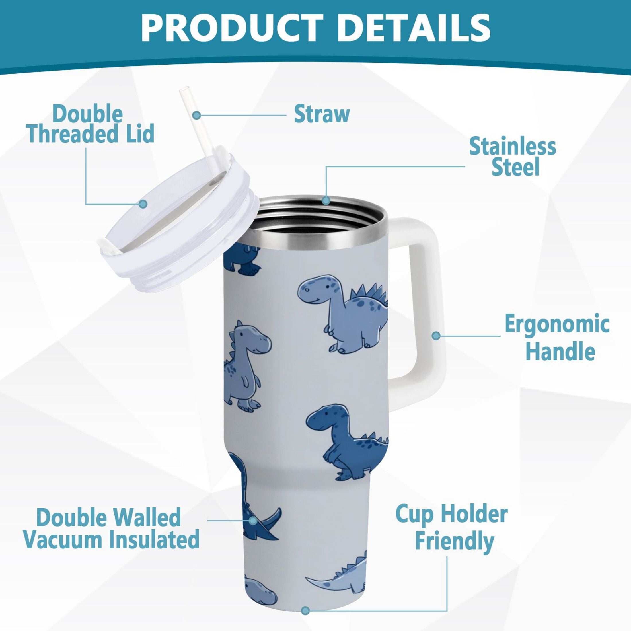 30 oz Insulated Stainless Steel Tumbler Double Wall Stainless Steel Tumbler with 2-Way Drinking Cute Blue Dinosaurs C580N