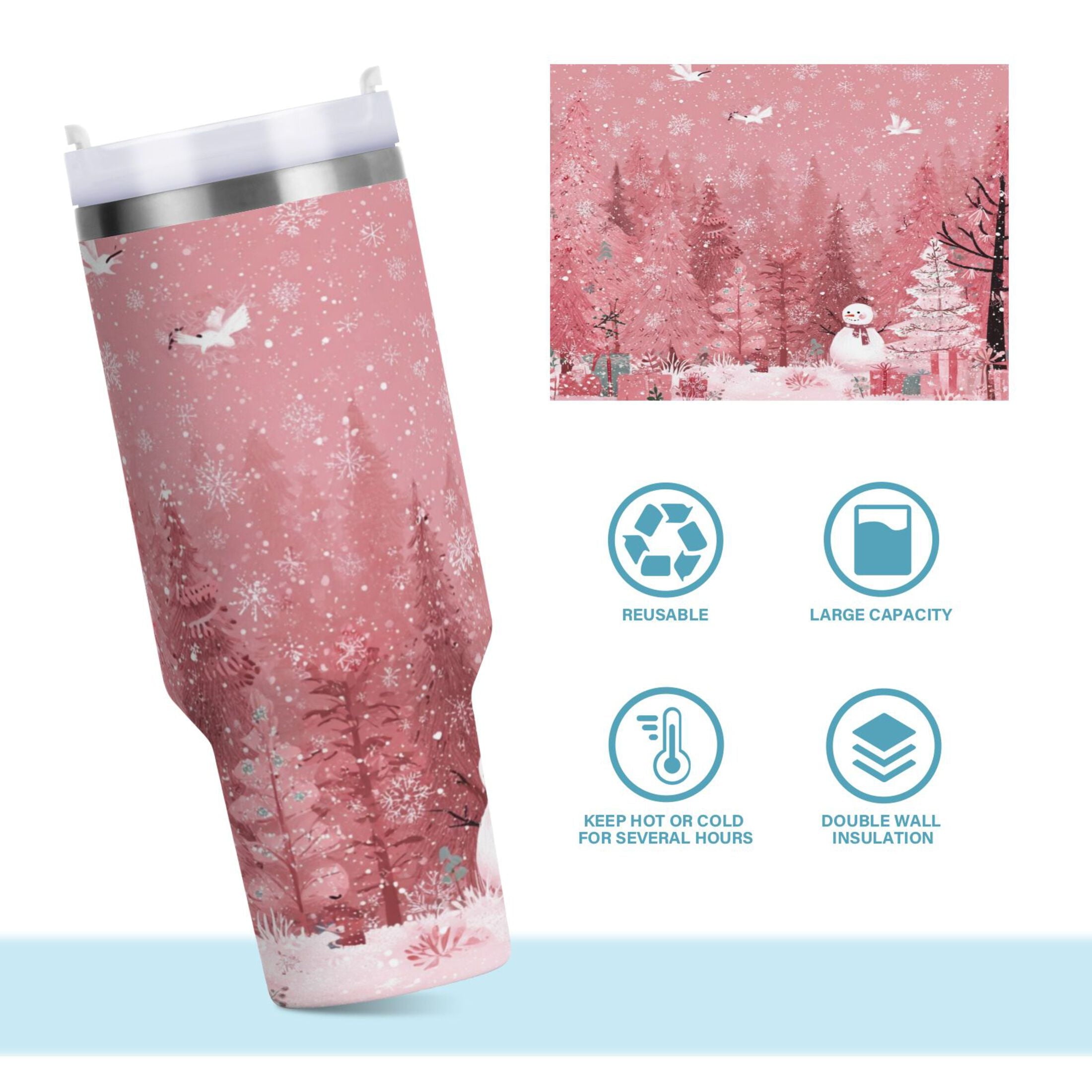 40 oz Insulated Stainless Steel Tumbler Double Wall Stainless Steel Tumbler with 2-Way Drinking Christmas Forest with Snowmen C428X