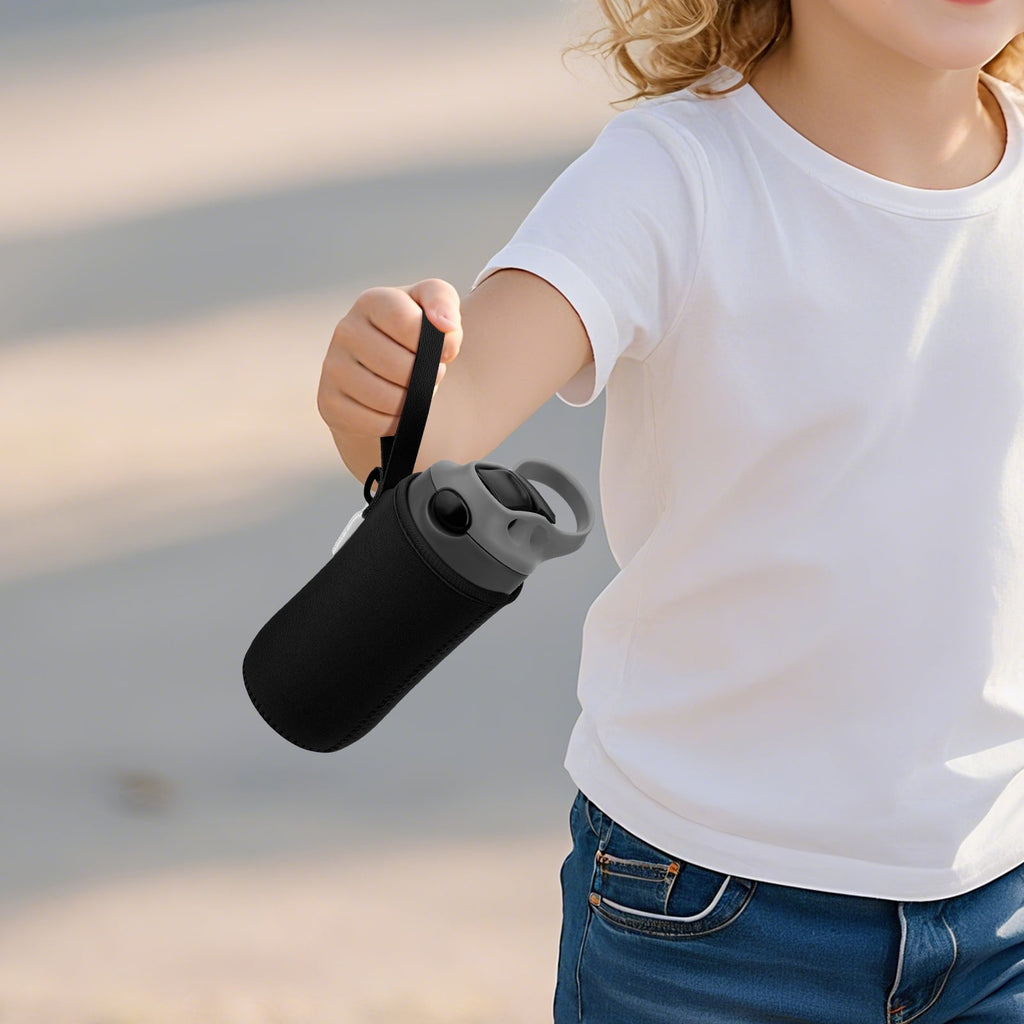 Linkidea Water Bottle Sleeve Compatible with Contigo Aubrey Tritan 14oz, Steel 13oz Kids Bottle, Waterbottle Holder Bag with Name Tag, Black C132M