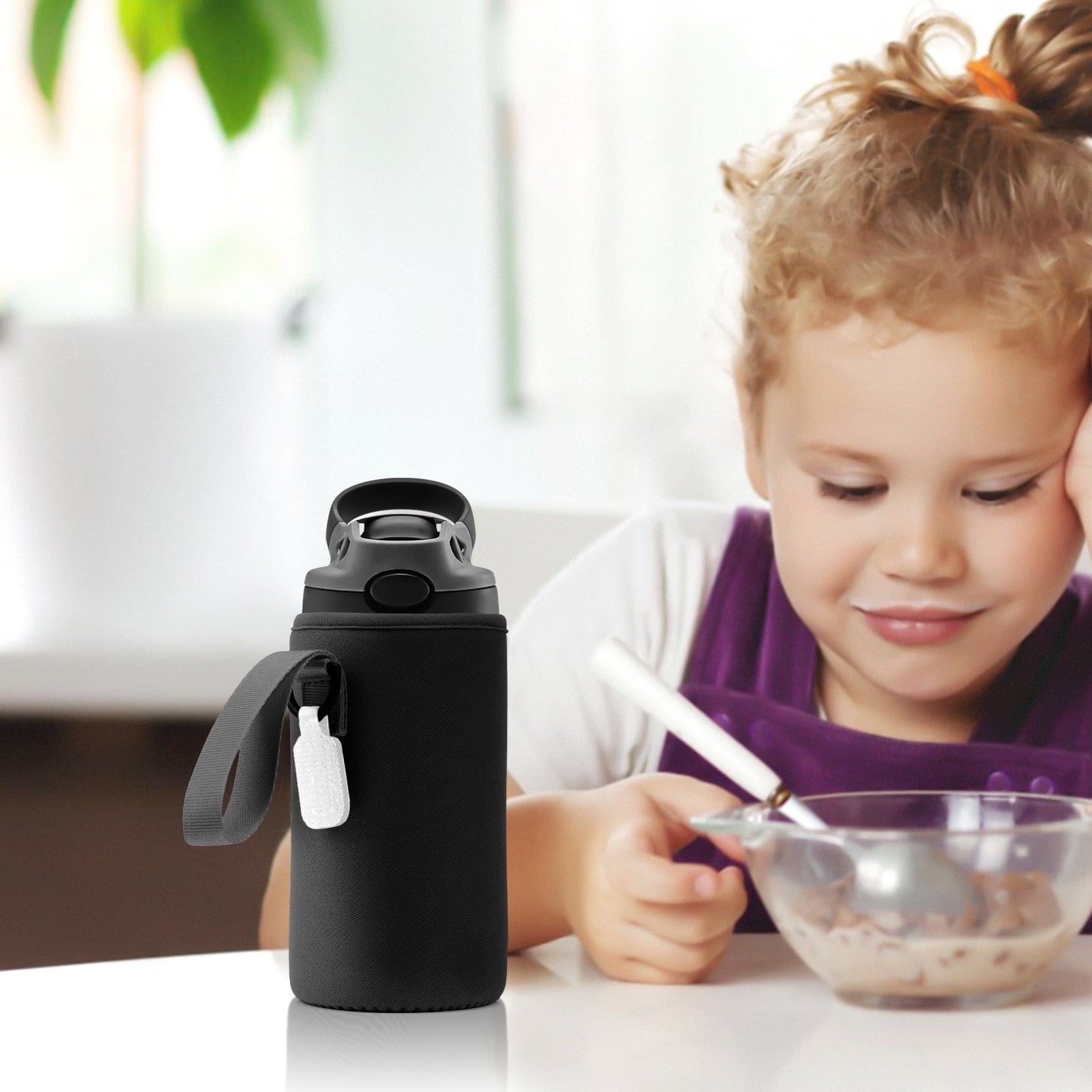 Linkidea Water Bottle Sleeve Compatible with Contigo Aubrey Tritan 14oz, Steel 13oz Kids Bottle, Waterbottle Holder Bag with Name Tag, Black C132M