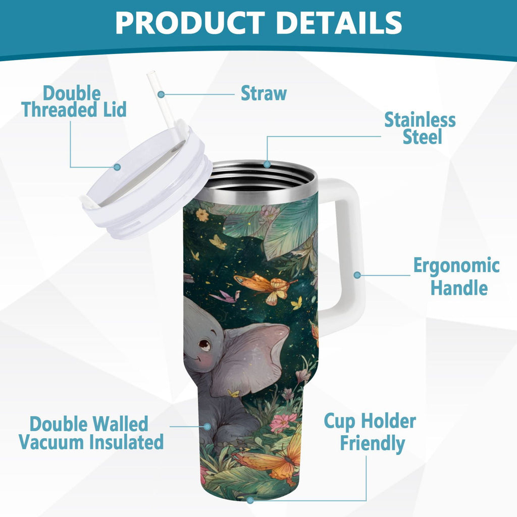 40 oz Insulated Stainless Steel Tumbler Double Wall Stainless Steel Tumbler with 2-Way Drinking Cute Elephant C460A