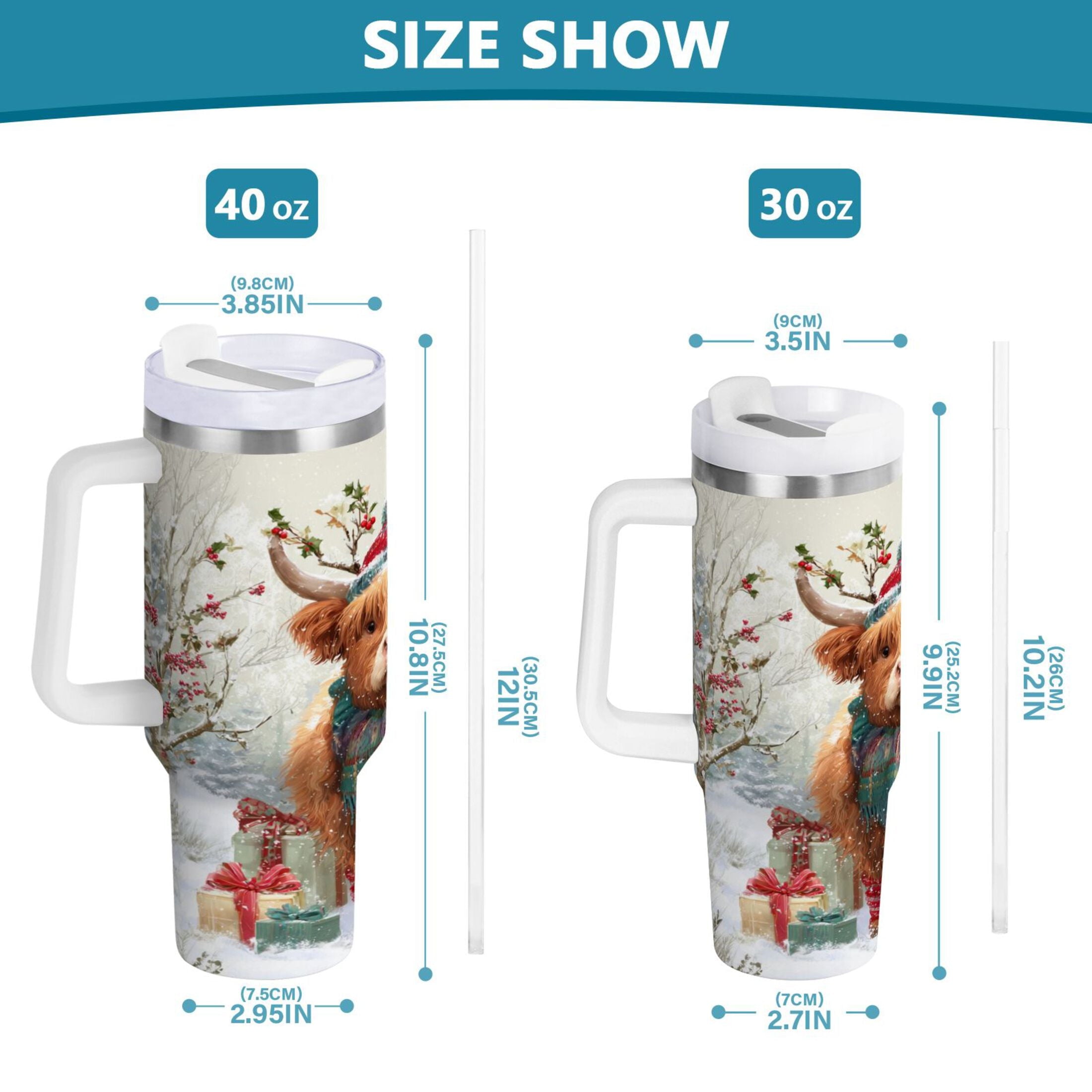 30 oz Insulated Stainless Steel Tumbler Double Wall Stainless Steel Tumbler with 2-Way Drinking Cow Wearing Christmas Hat C681A