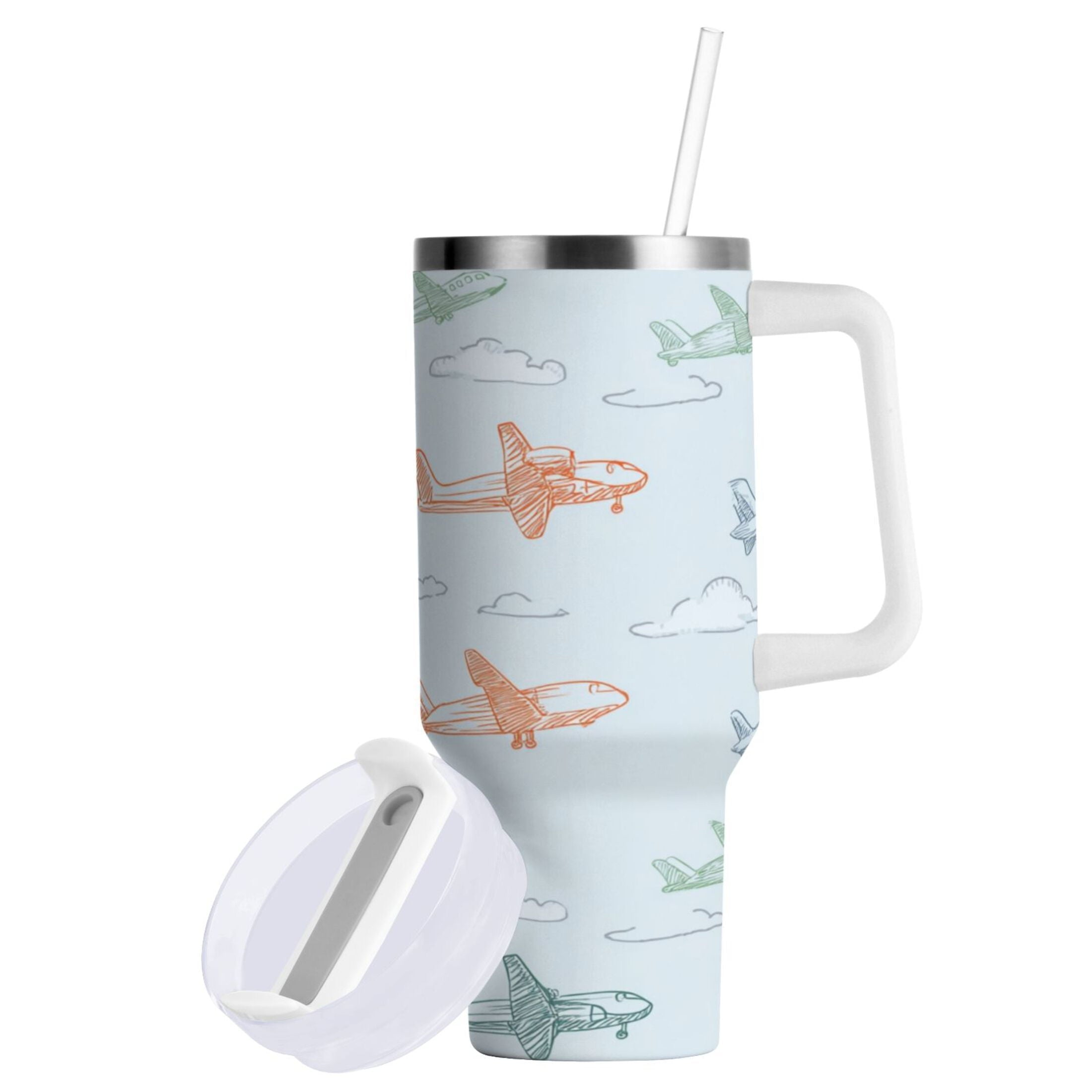 30 oz Insulated Stainless Steel Tumbler Double Wall Stainless Steel Tumbler with 2-Way Drinking Pastel Doodle Airplanes C593J