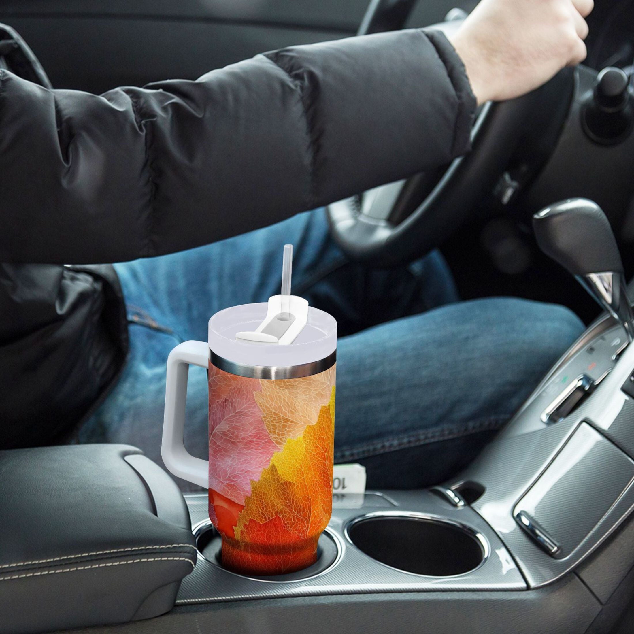 30 oz Insulated Stainless Steel Tumbler Double Wall Stainless Steel Tumbler with 2-Way Drinking Various Shades Autumn Leaves C590N