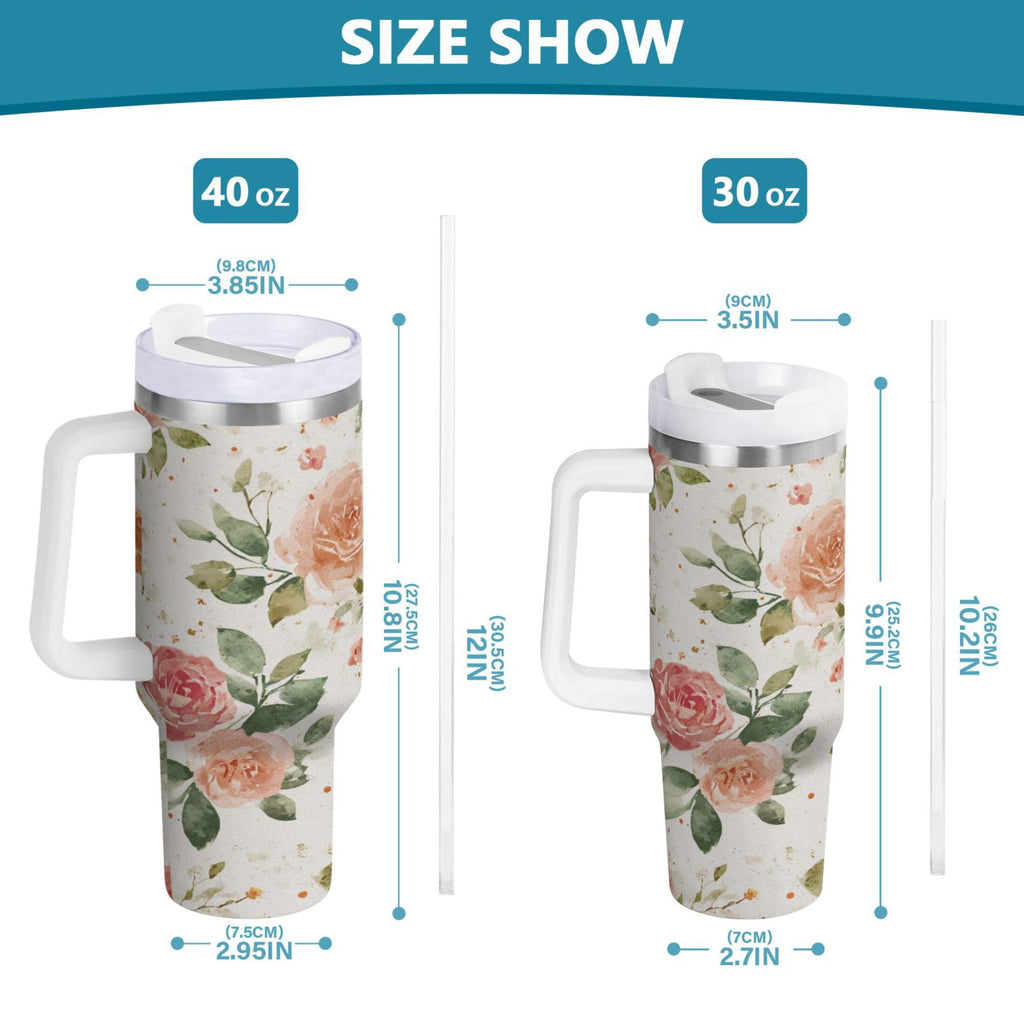 40 oz Insulated Stainless Steel Tumbler Double Wall Stainless Steel Tumbler with 2-Way Drinking Watercolor Rose Floral Pattern C499A