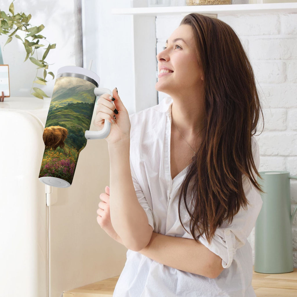 30 oz Insulated Stainless Steel Tumbler Double Wall Stainless Steel Tumbler with 2-Way Drinking Cow in Green Rolling Hills C586R
