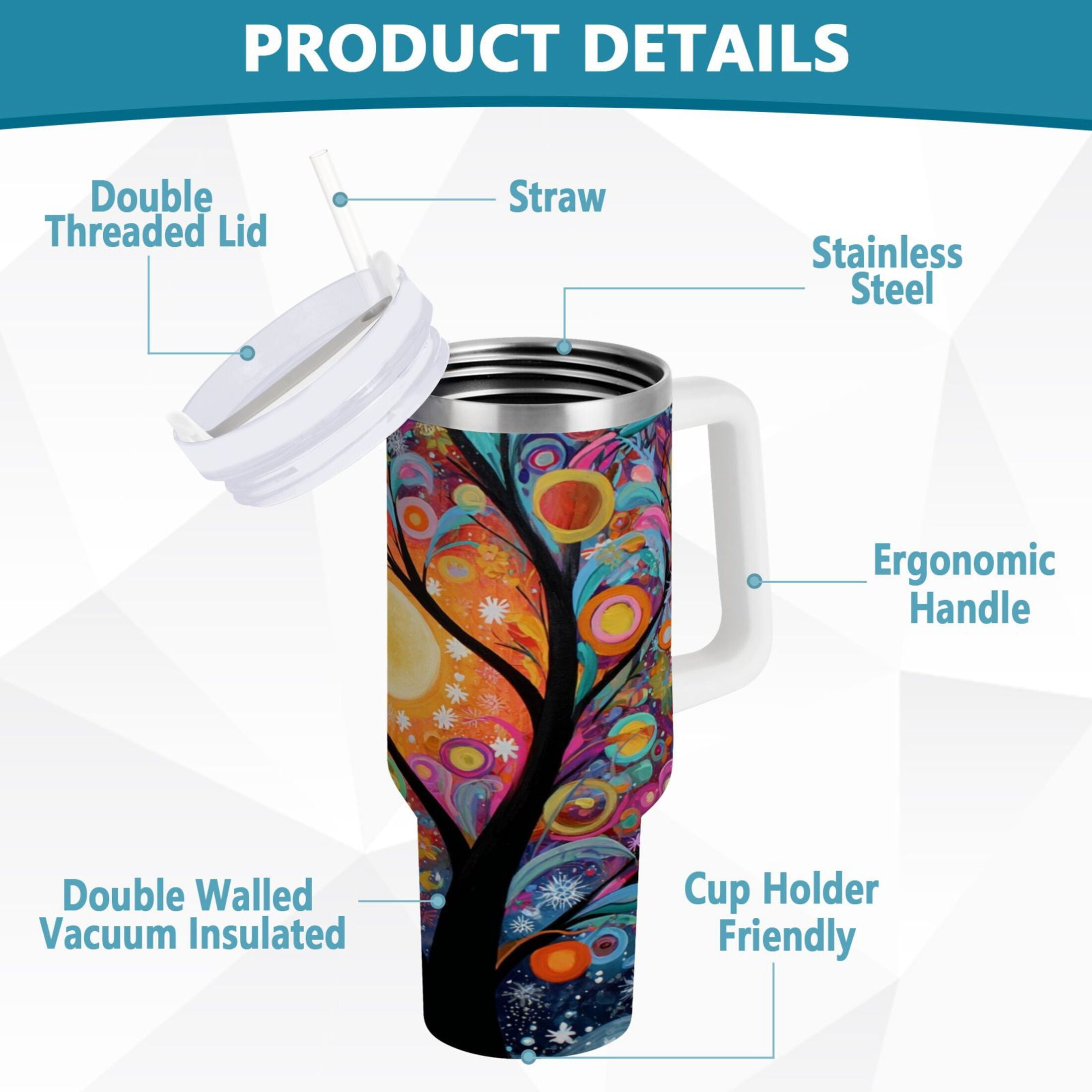 30 oz Insulated Stainless Steel Tumbler Double Wall Stainless Steel Tumbler with 2-Way Drinking Beautiful Abstract Tree Painting C654U