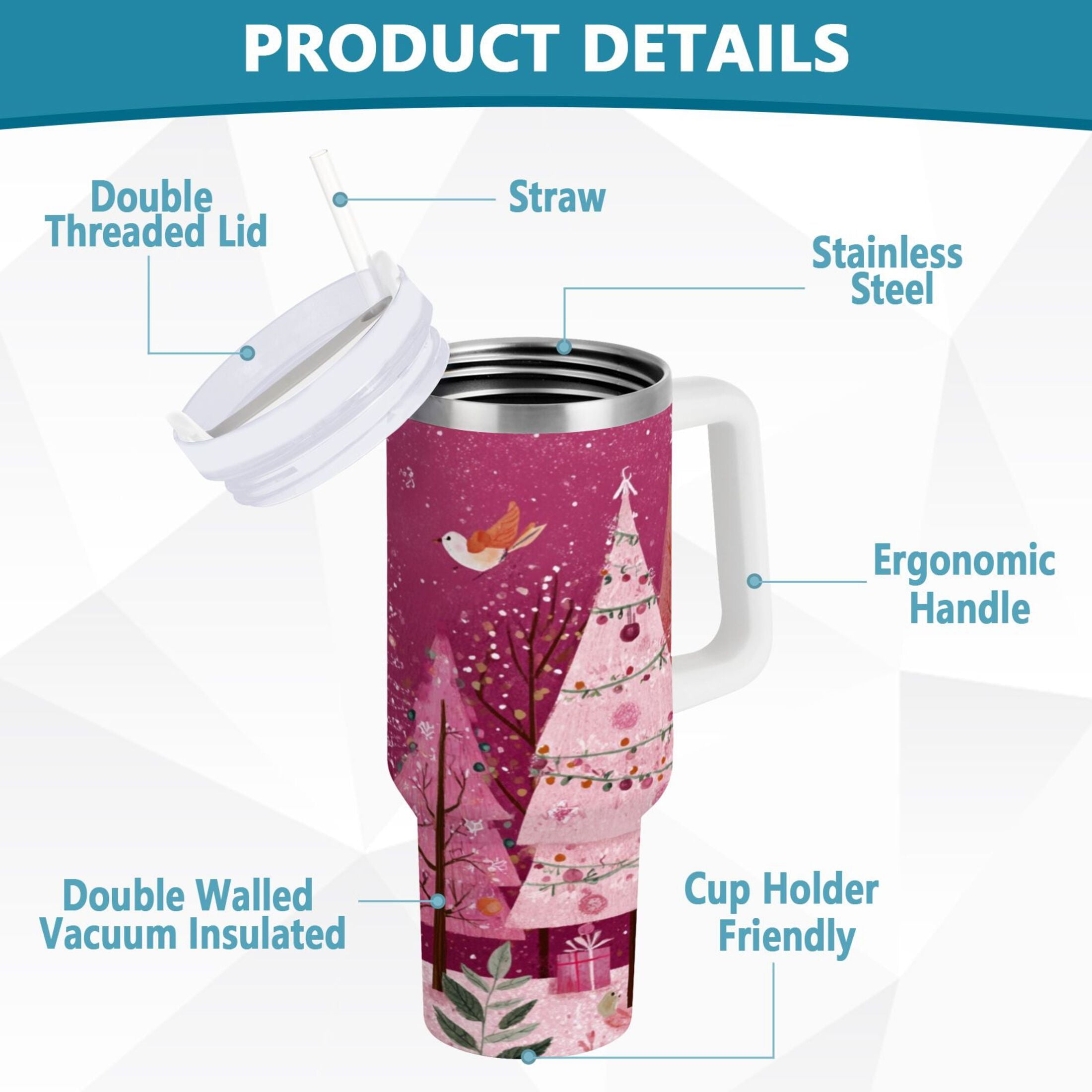 40 oz Insulated Stainless Steel Tumbler Double Wall Stainless Steel Tumbler with 2-Way Drinking Pink Christmas Forest C512S