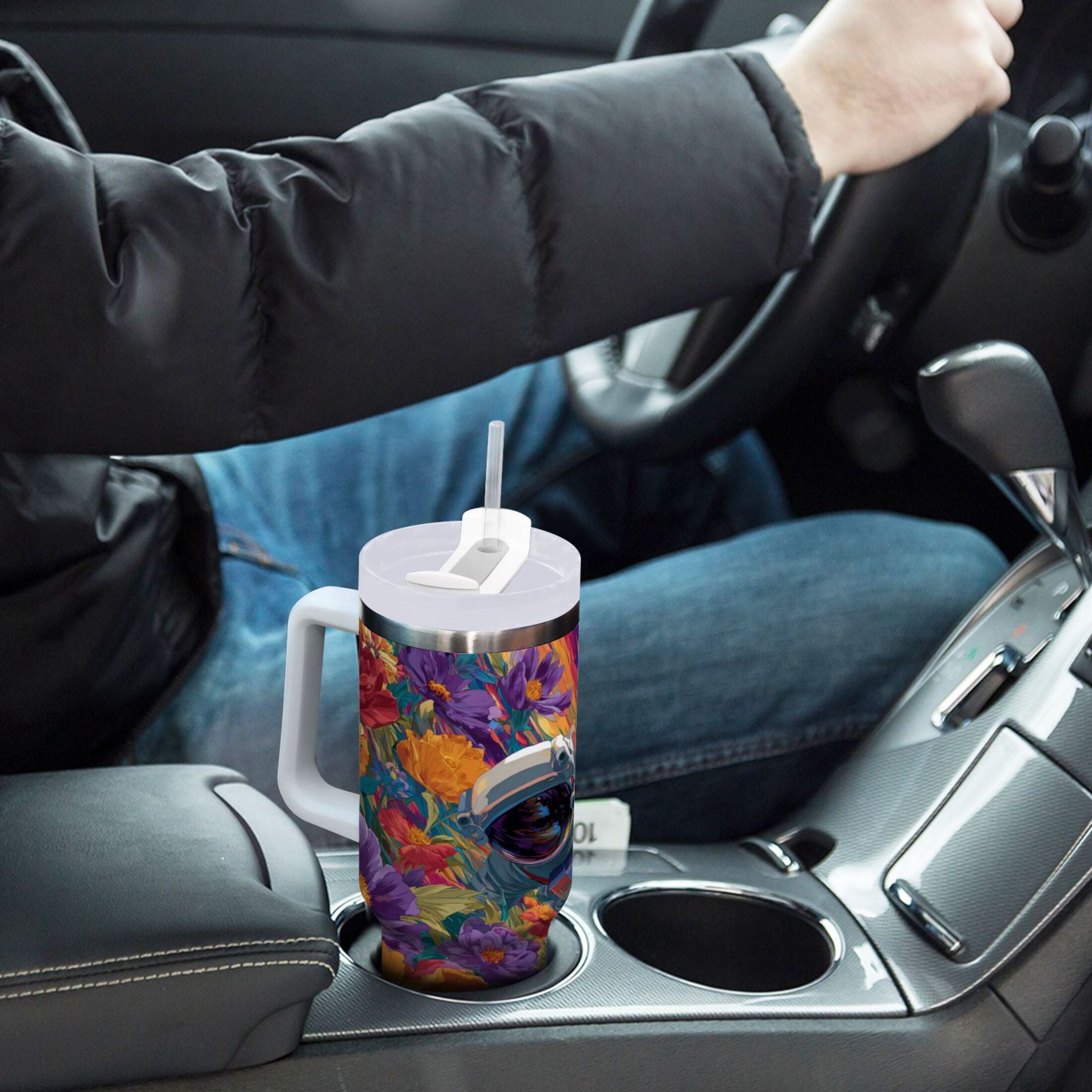 40 oz Insulated Stainless Steel Tumbler Double Wall Stainless Steel Tumbler with 2-Way Drinking Colorful Flowers and Planets C598G