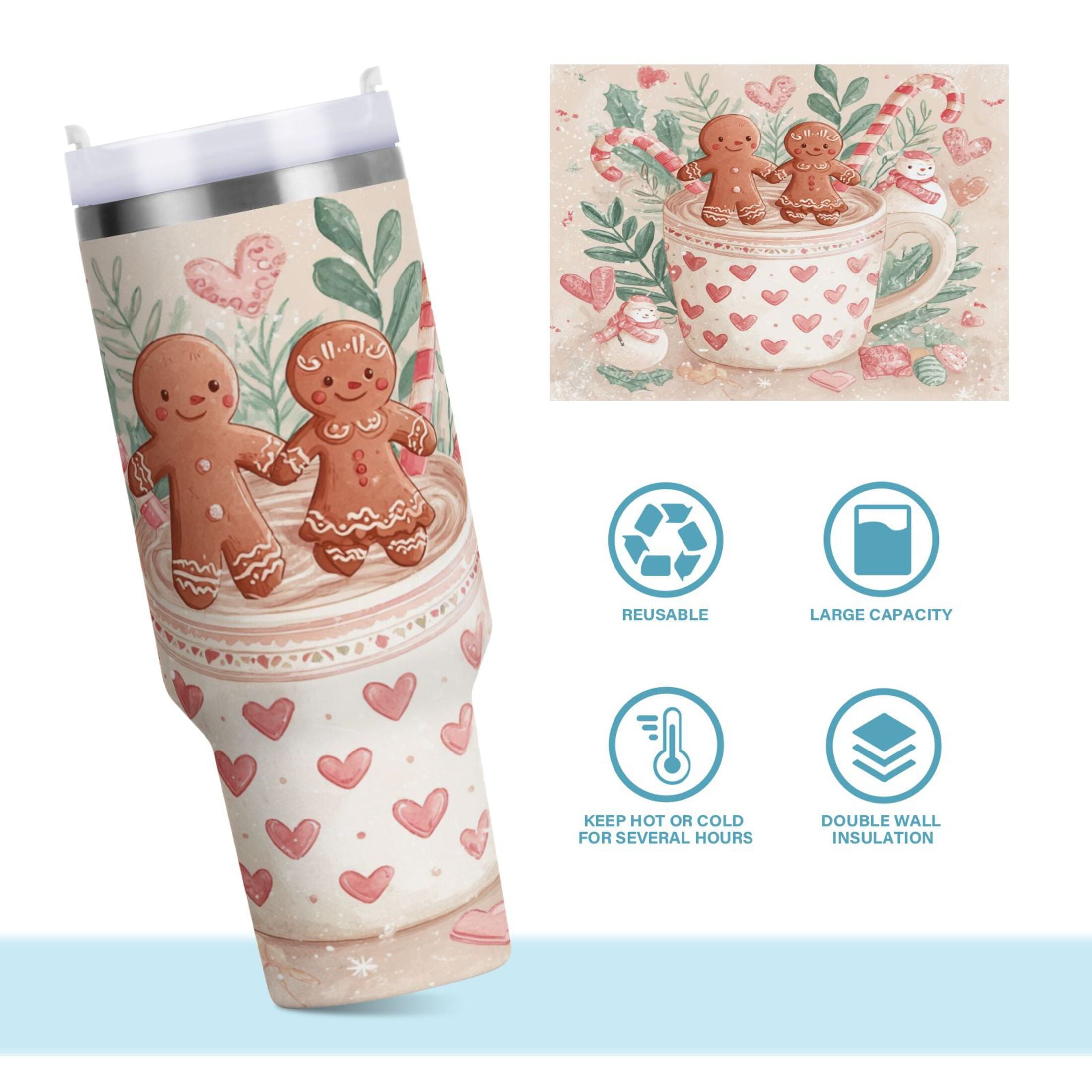 30 oz Insulated Stainless Steel Tumbler Double Wall Stainless Steel Tumbler with 2-Way Drinking Cute Christmas Design C600G