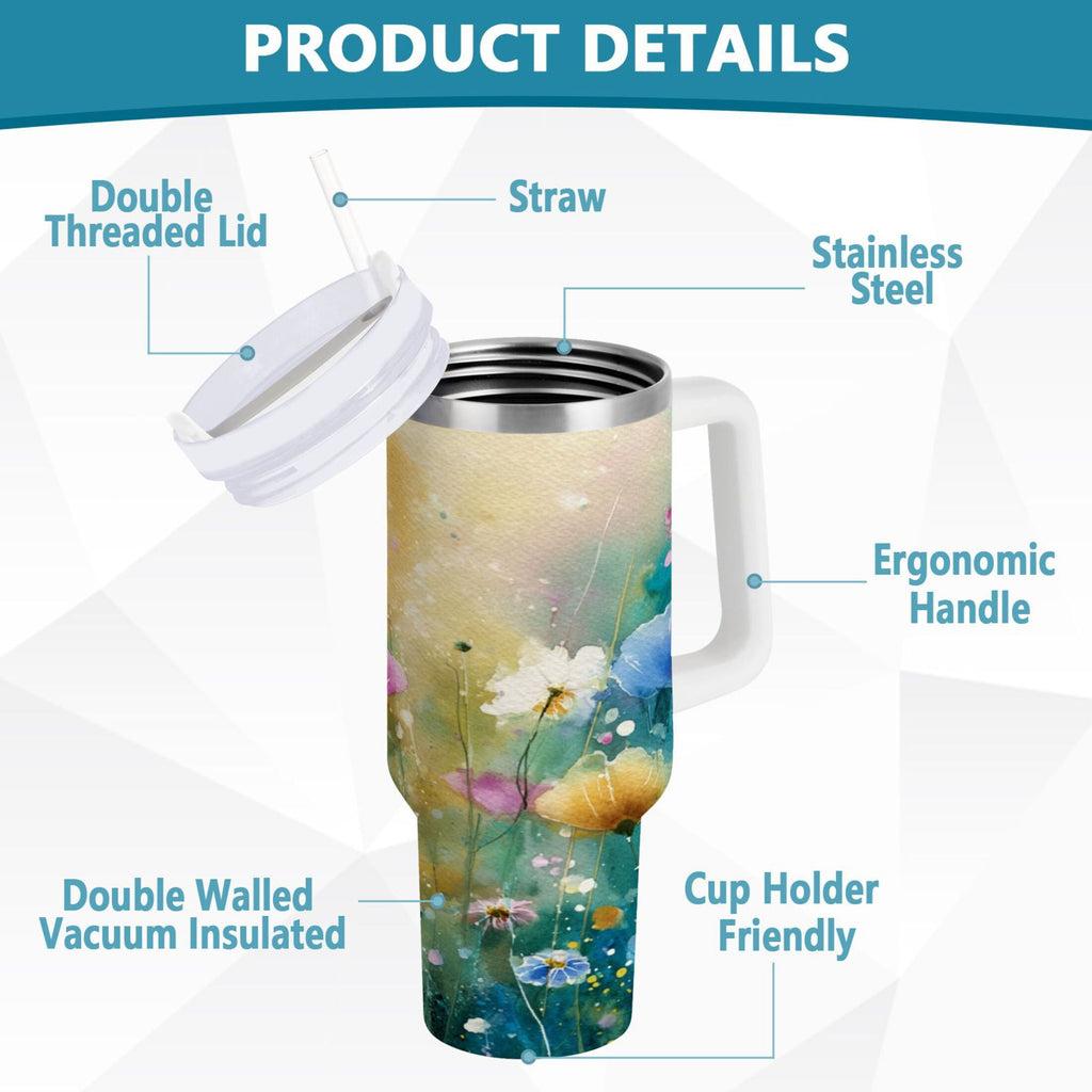 30 oz Insulated Stainless Steel Tumbler Double Wall Stainless Steel Tumbler with 2-Way Drinking Watercolor Wildflowers C563X