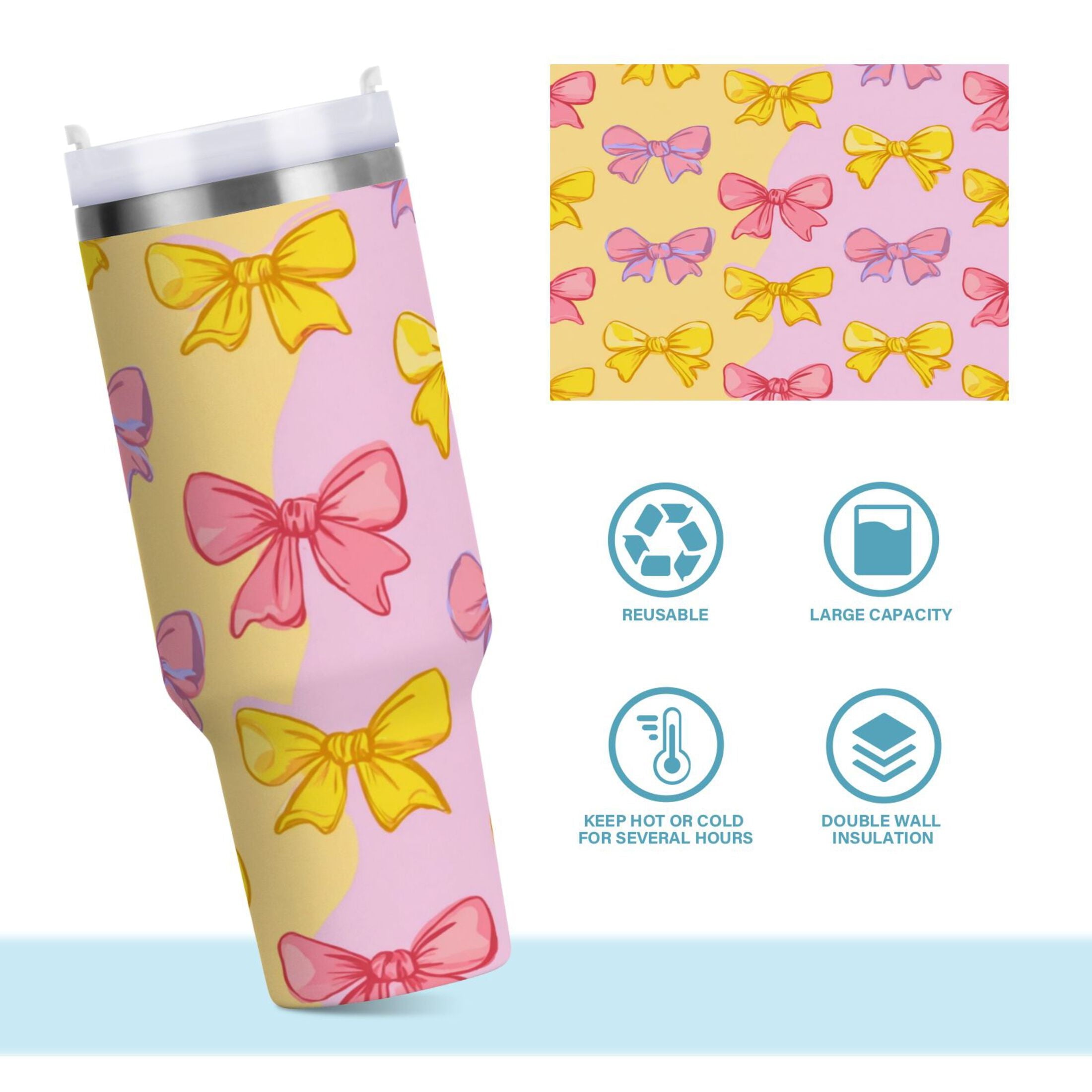 30 oz Insulated Stainless Steel Tumbler Double Wall Stainless Steel Tumbler with 2-Way Drinking Yellow and Pink Bows C566M