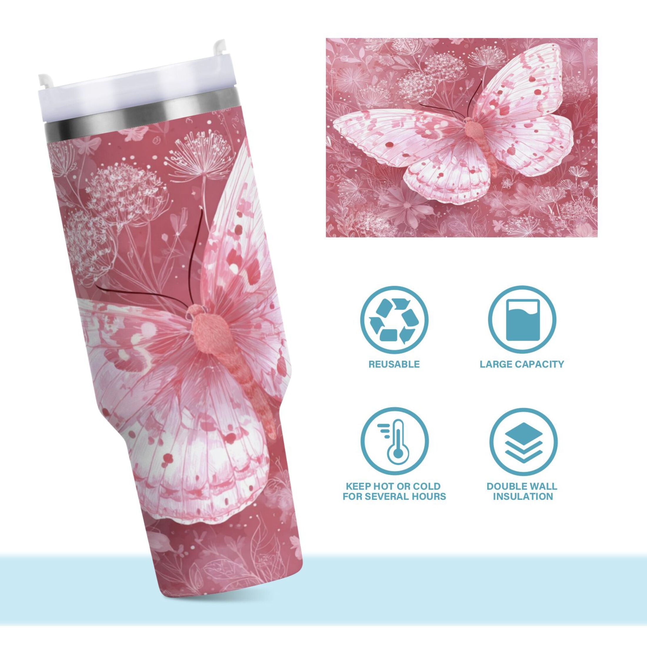 30 oz Insulated Stainless Steel Tumbler Double Wall Stainless Steel Tumbler with 2-Way Drinking Soft Pink Butterfly C561B
