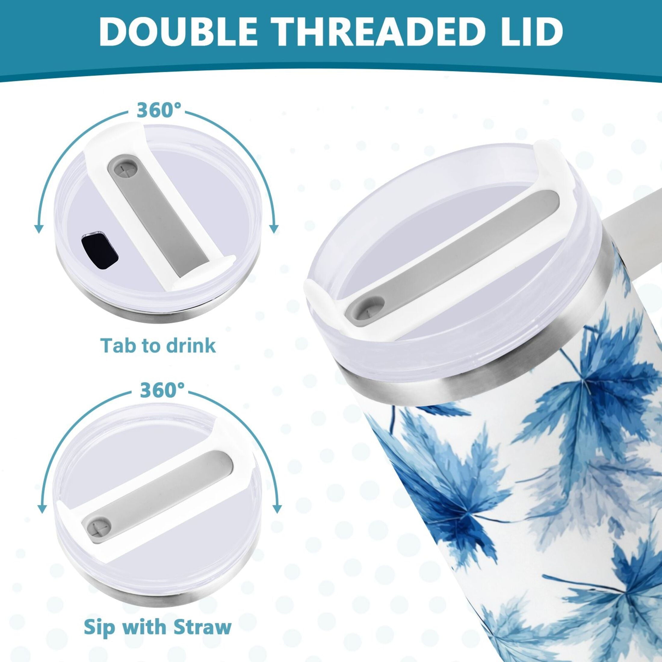 30 oz Insulated Stainless Steel Tumbler Double Wall Stainless Steel Tumbler with 2-Way Drinking Abstract Blue Maple Leaves C581Z