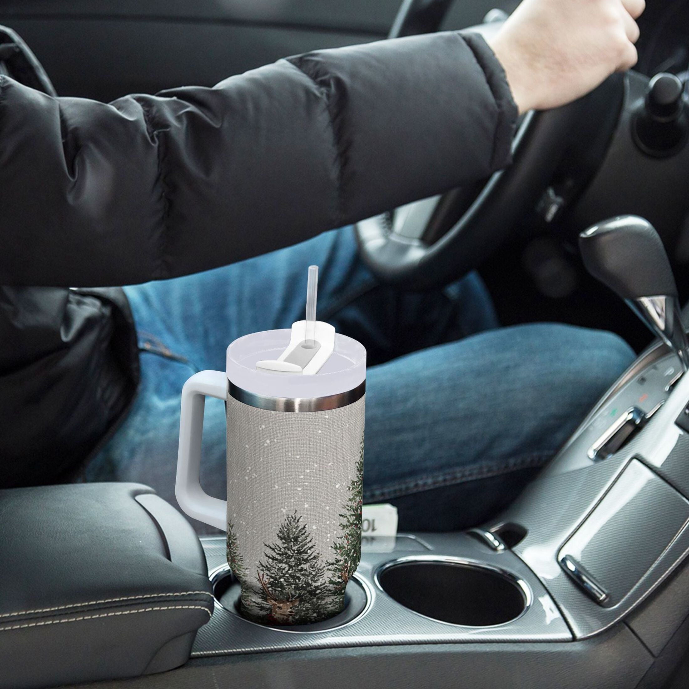 30 oz Insulated Stainless Steel Tumbler Double Wall Stainless Steel Tumbler with 2-Way Drinking Christmas Deer and Snowmen C619D