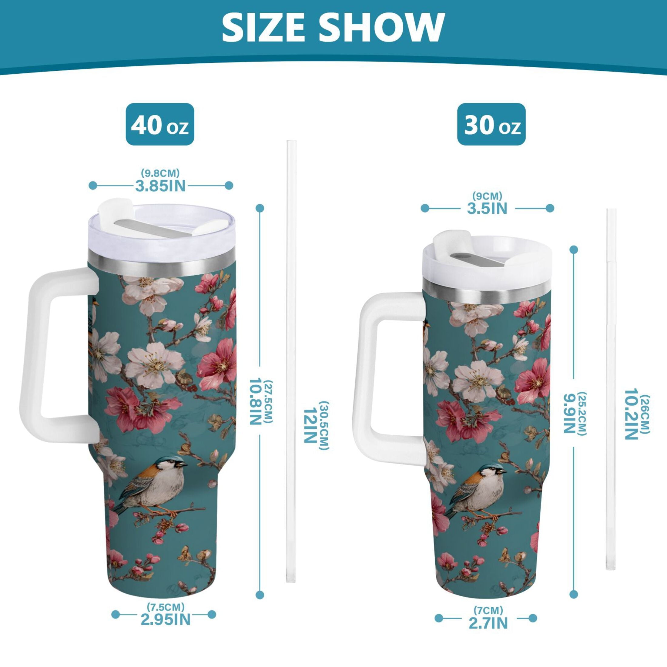 30 oz Insulated Stainless Steel Tumbler Double Wall Stainless Steel Tumbler with 2-Way Drinking Birds and Cherry Pattern C537A
