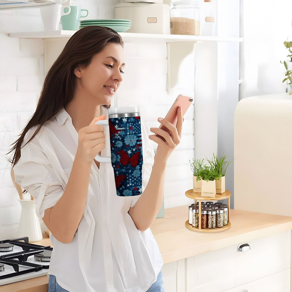 30 oz Insulated Stainless Steel Tumbler Double Wall Stainless Steel Tumbler with 2-Way Drinking Red Butterflies and Flags C621J