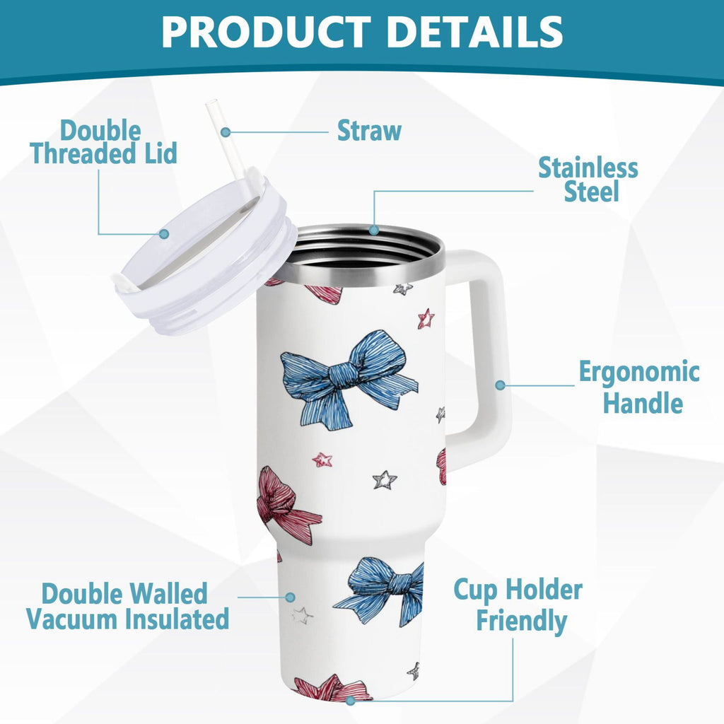 40 oz Insulated Stainless Steel Tumbler Double Wall Stainless Steel Tumbler with 2-Way Drinking Red and Blue Stripes Bows C510A