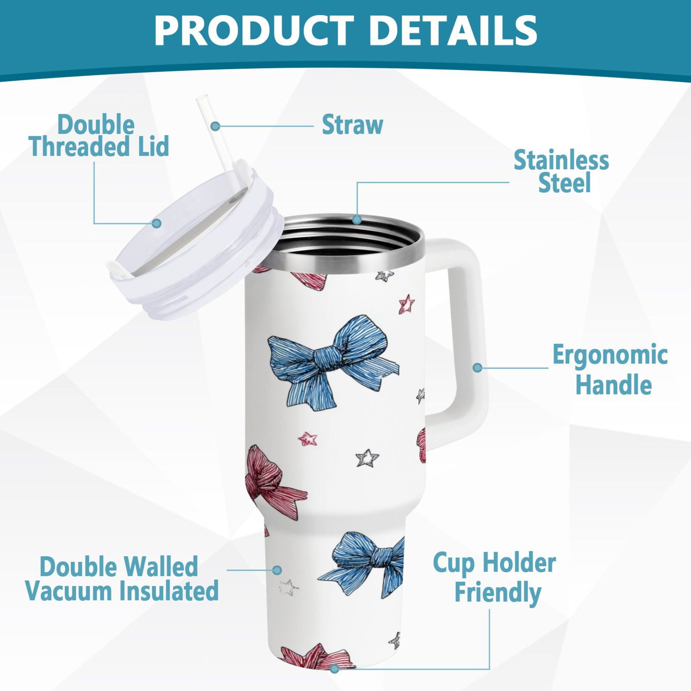 40 oz Insulated Stainless Steel Tumbler Double Wall Stainless Steel Tumbler with 2-Way Drinking Red and Blue Stripes Bows C510A