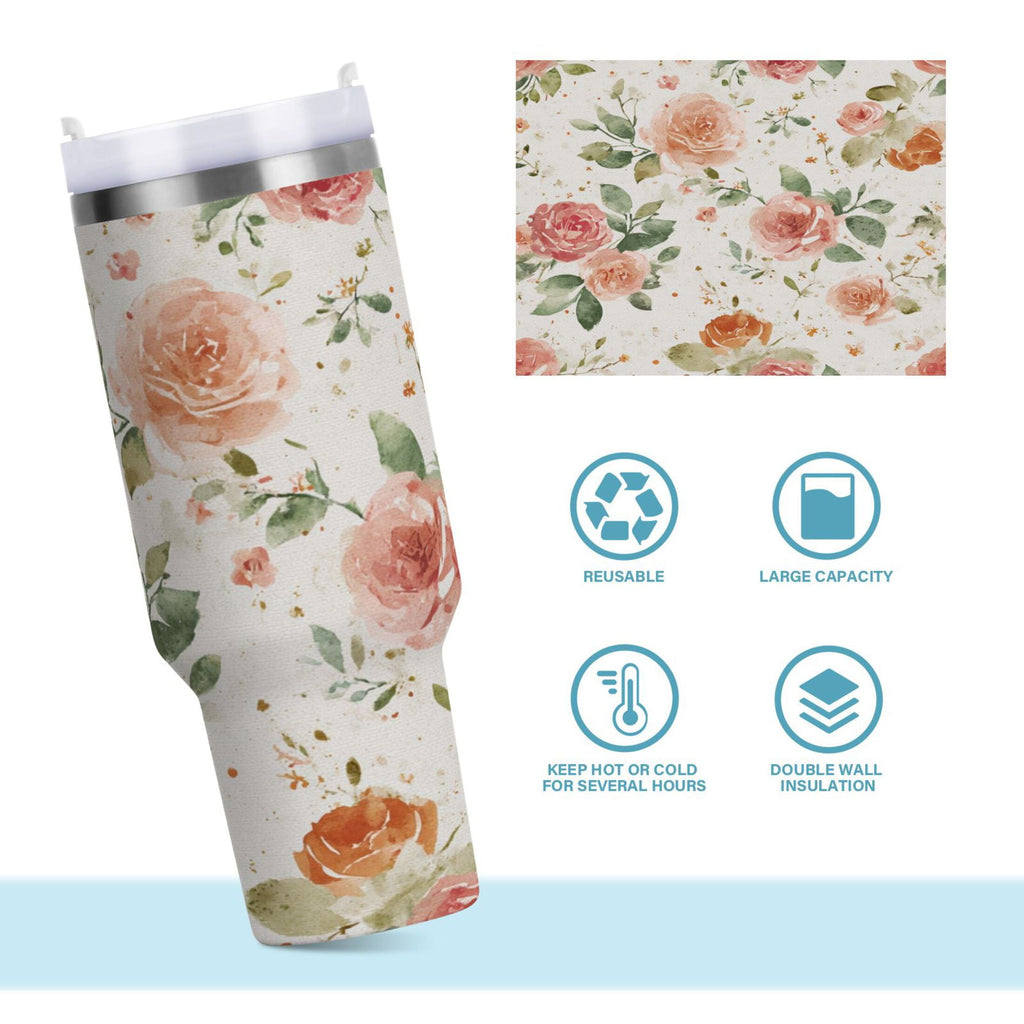 40 oz Insulated Stainless Steel Tumbler Double Wall Stainless Steel Tumbler with 2-Way Drinking Watercolor Rose Floral Pattern C499A