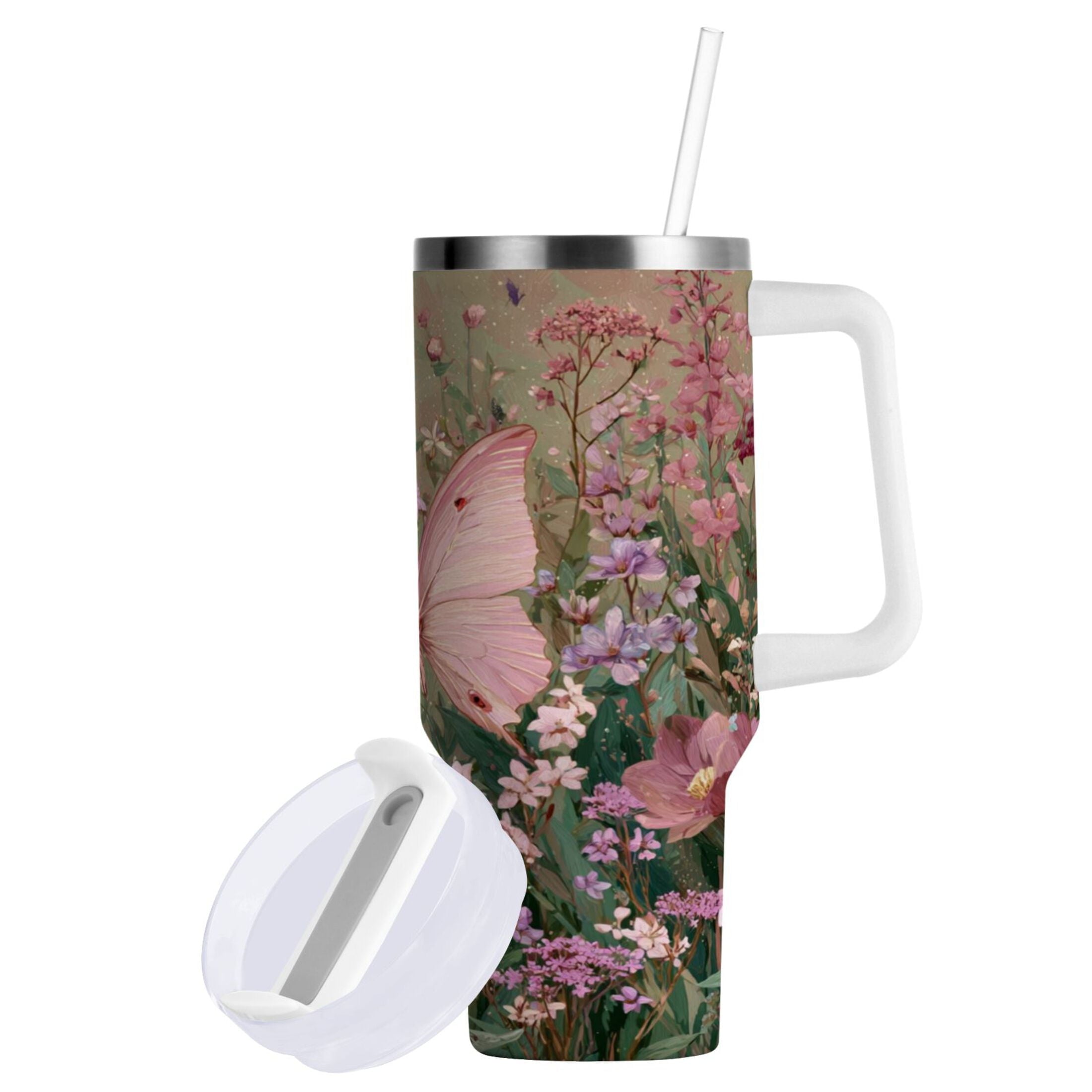 30 oz Insulated Stainless Steel Tumbler Double Wall Stainless Steel Tumbler with 2-Way Drinking Delicate Butterfly C643T