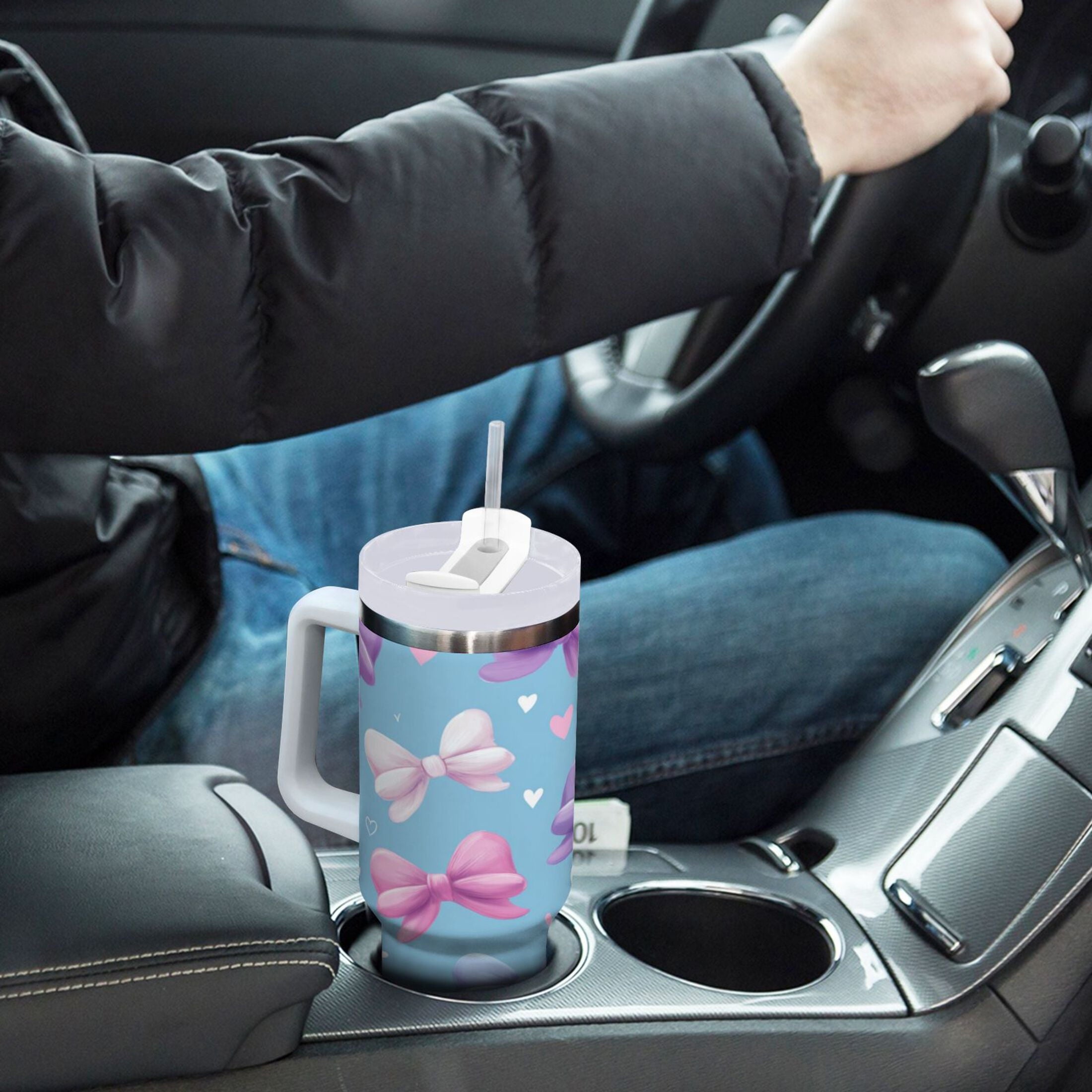 30 oz Insulated Stainless Steel Tumbler Double Wall Stainless Steel Tumbler with 2-Way Drinking Pink and Purple Bows C526N