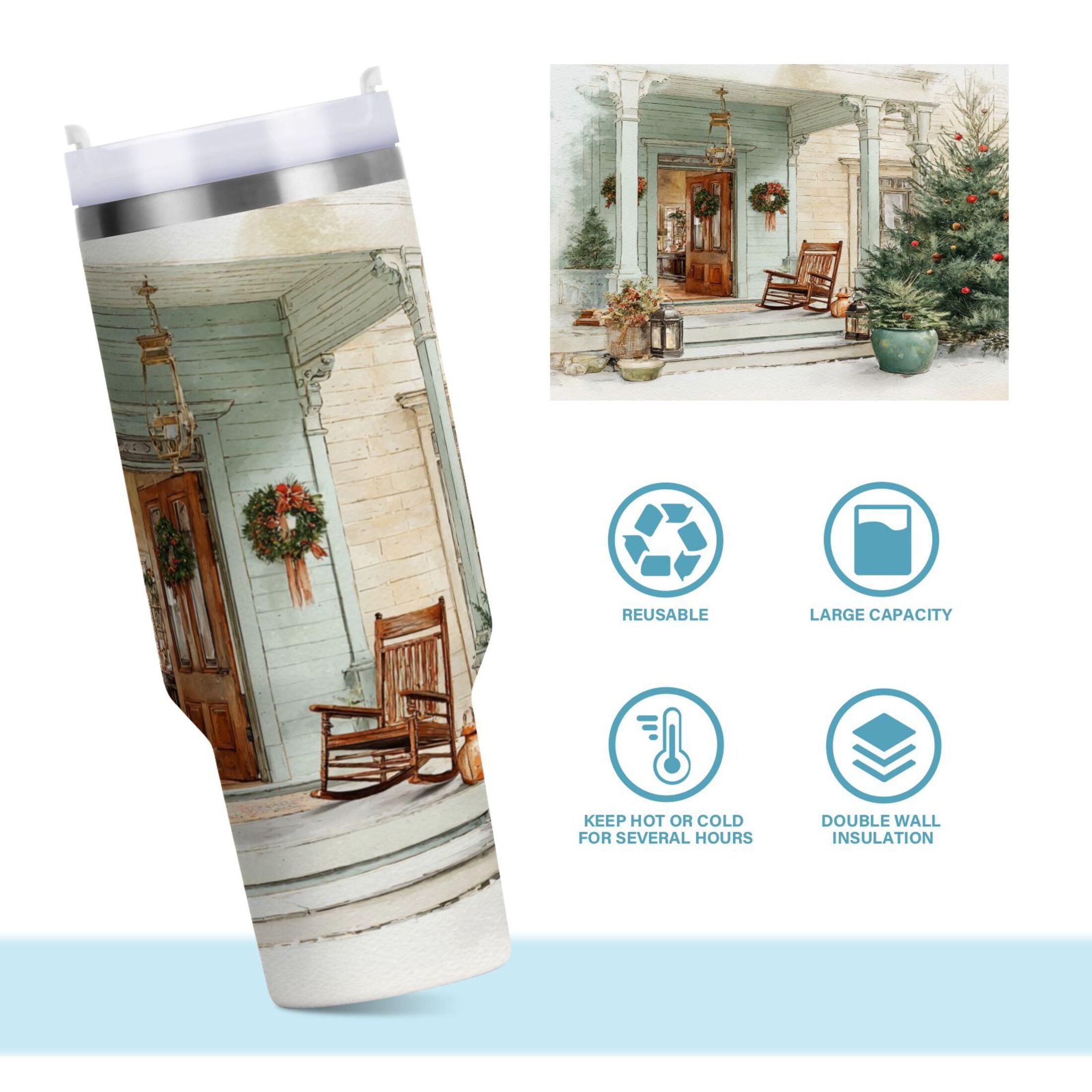 30 oz Insulated Stainless Steel Tumbler Double Wall Stainless Steel Tumbler with 2-Way Drinking Charming Christmas Doorway C670K