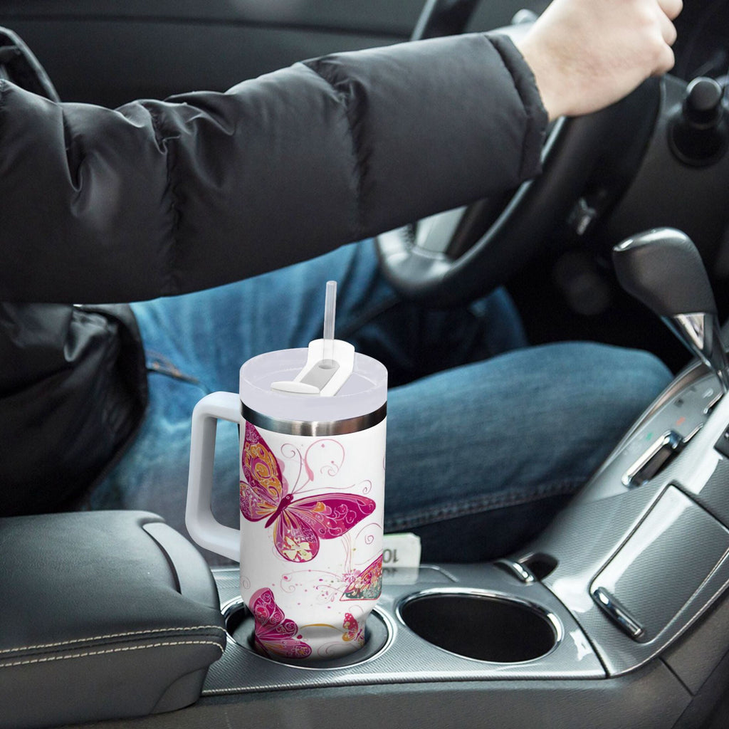30 oz Insulated Stainless Steel Tumbler Double Wall Stainless Steel Tumbler with 2-Way Drinking Colorful Butterflies C605L