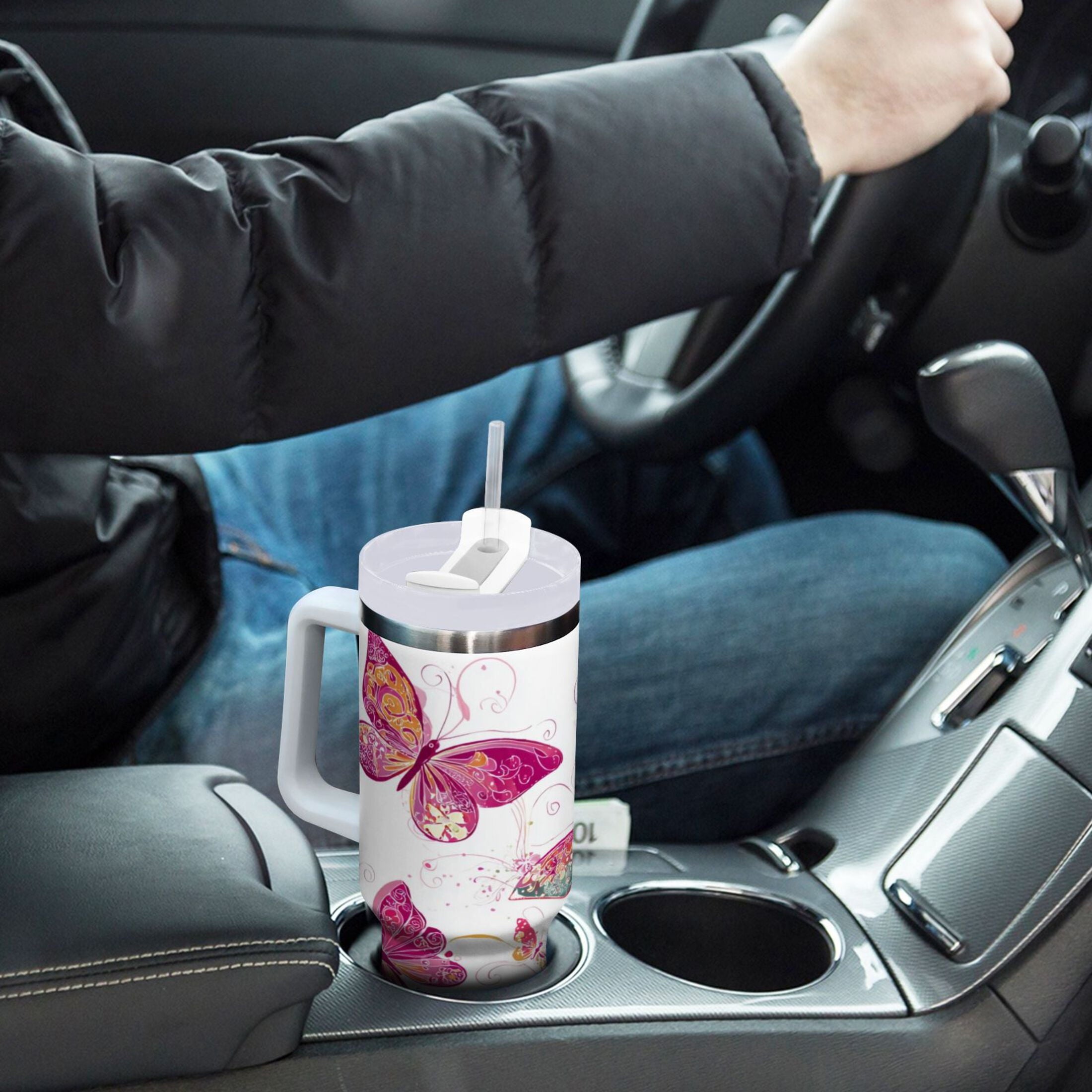 30 oz Insulated Stainless Steel Tumbler Double Wall Stainless Steel Tumbler with 2-Way Drinking Colorful Butterflies C605L