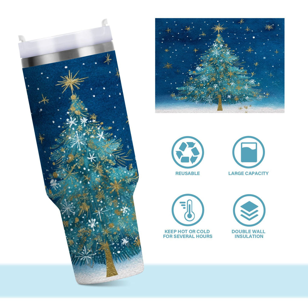 40 oz Insulated Stainless Steel Tumbler Double Wall Stainless Steel Tumbler with 2-Way Drinking Watercolor Christmas Tree C597Y