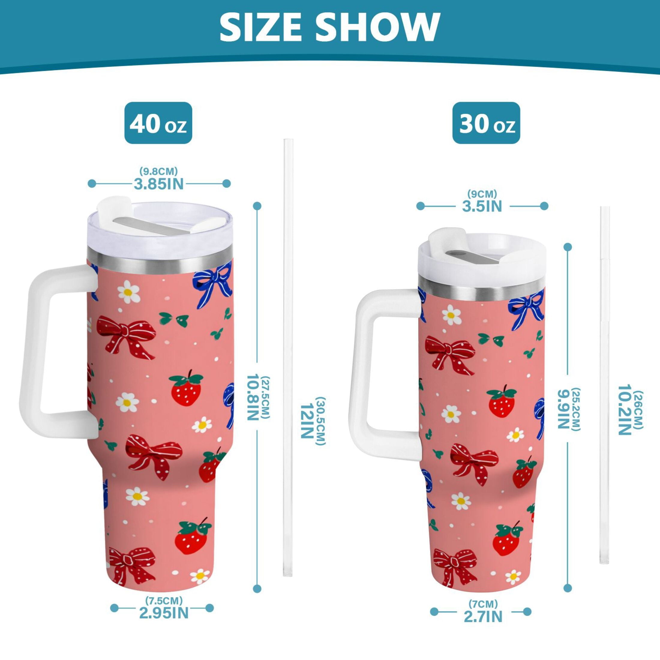 40 oz Insulated Stainless Steel Tumbler Double Wall Stainless Steel Tumbler with 2-Way Drinking Bows and Strawberries Pattern C511T