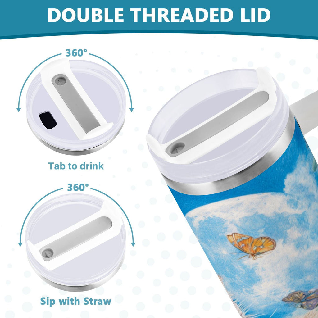 40 oz Insulated Stainless Steel Tumbler Double Wall Stainless Steel Tumbler with 2-Way Drinking Playful Cat Lying Sunflowers C549U