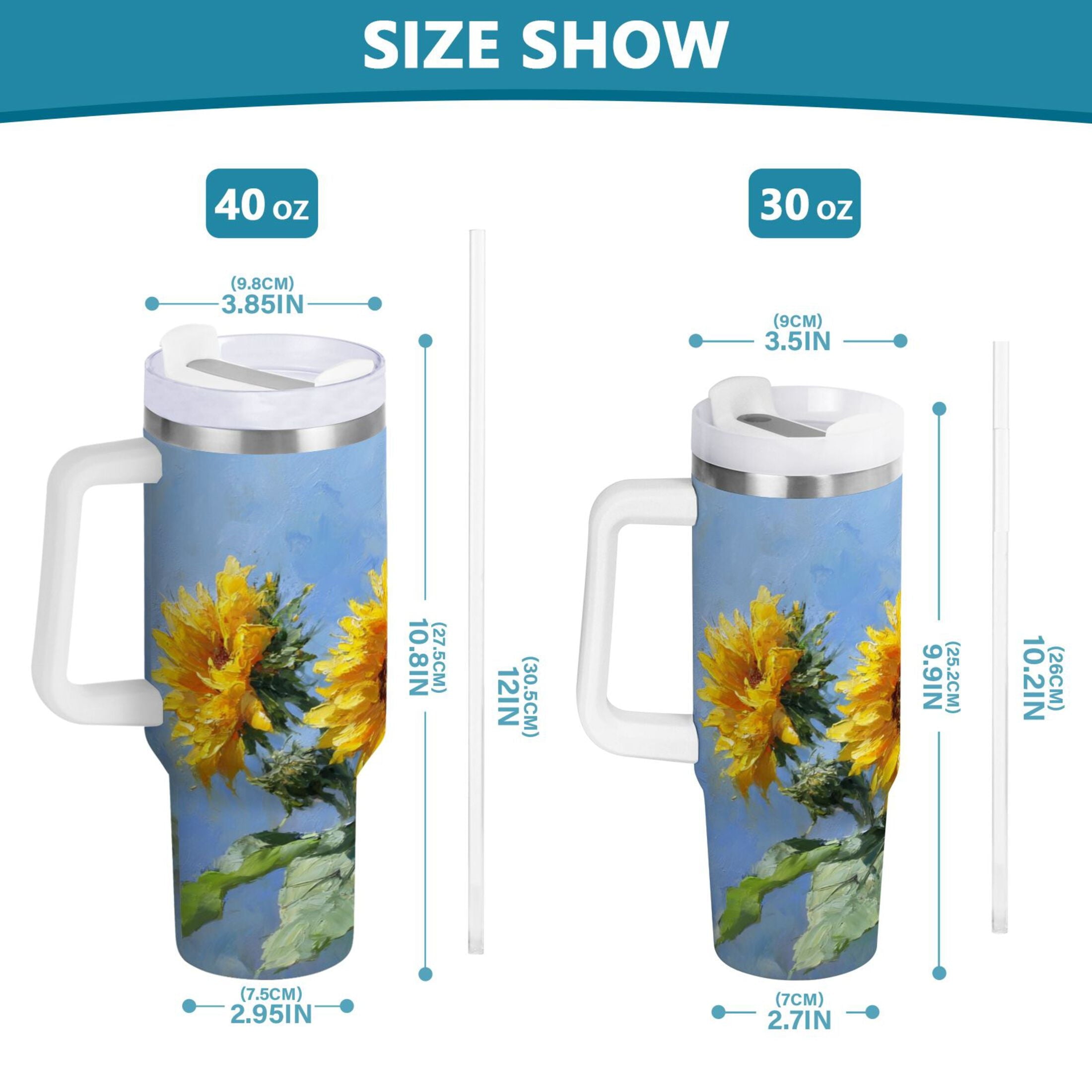 40 oz Insulated Stainless Steel Tumbler Double Wall Stainless Steel Tumbler with 2-Way Drinking Sunflowers Painting C611Q
