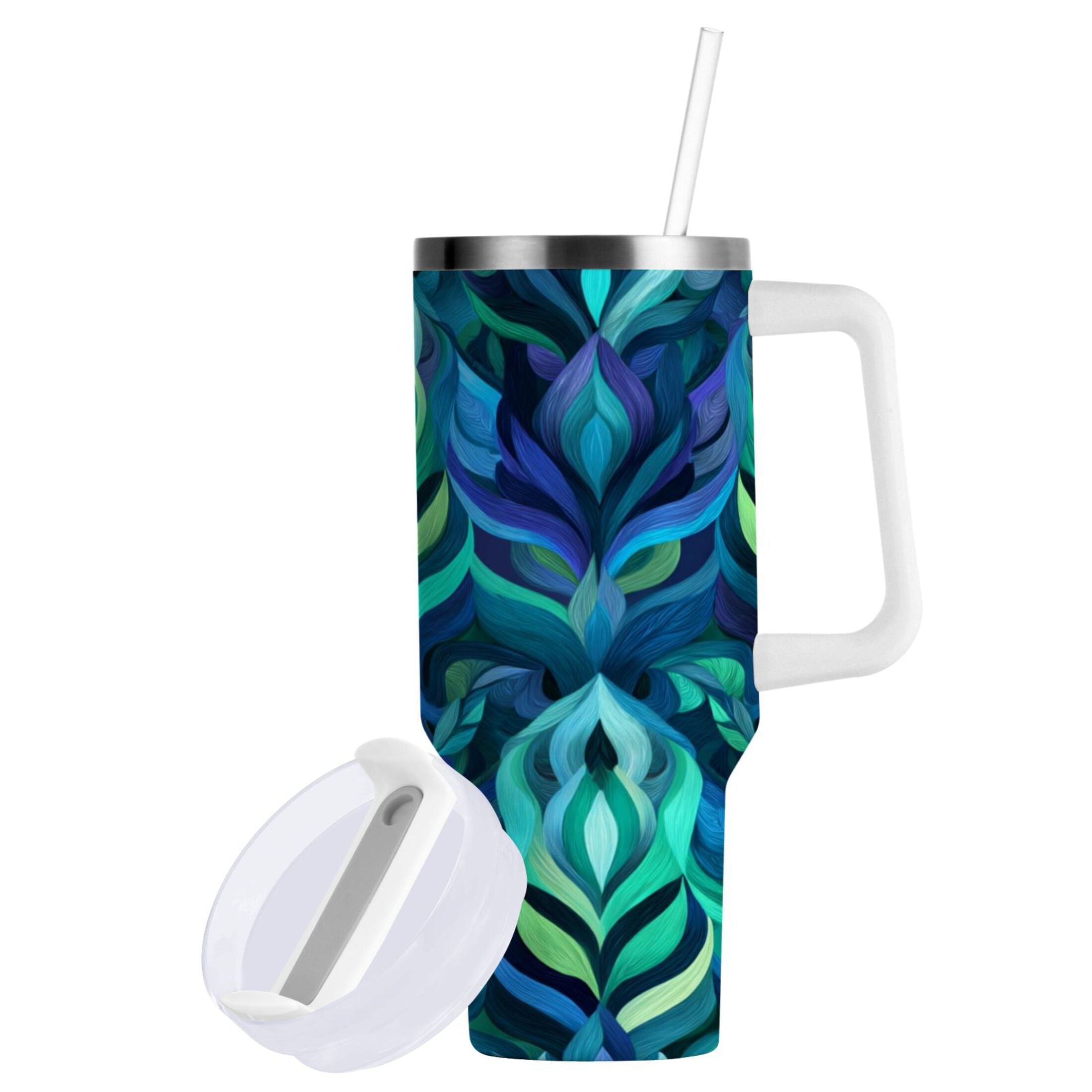 40 oz Insulated Stainless Steel Tumbler Double Wall Stainless Steel Tumbler with 2-Way Drinking Elegant Blue Abstract Shapes C609J