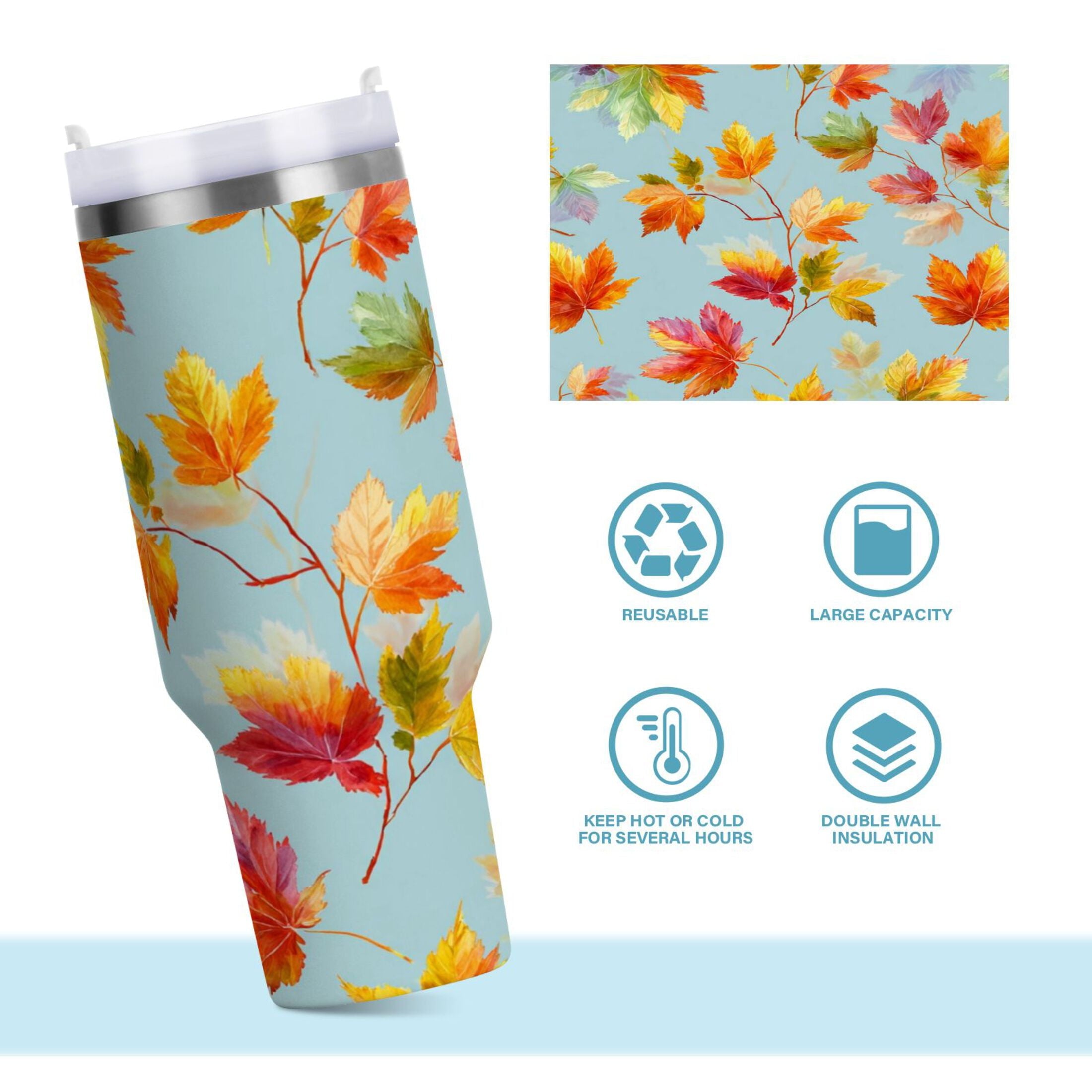 30 oz Insulated Stainless Steel Tumbler Double Wall Stainless Steel Tumbler with 2-Way Drinking Colorful Autumn Maple Leaves C616L