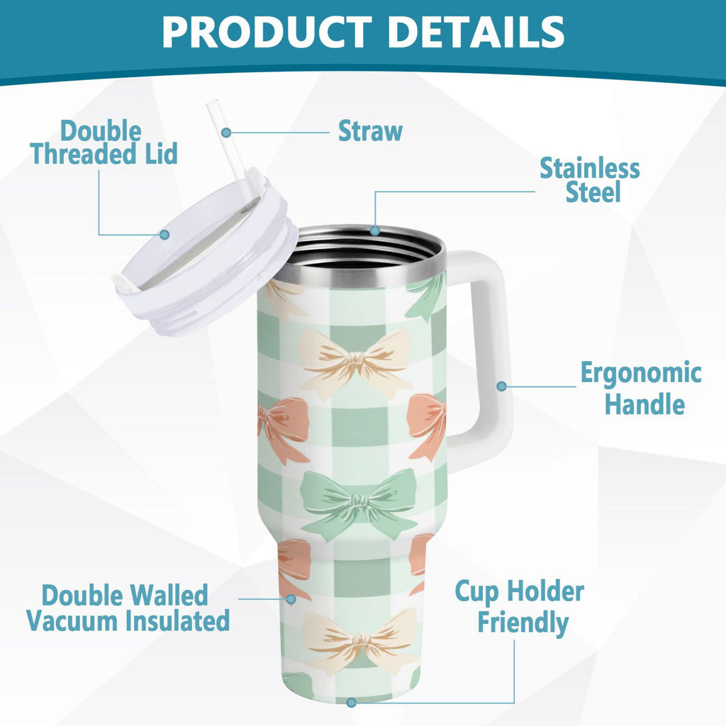 40 oz Insulated Stainless Steel Tumbler Double Wall Stainless Steel Tumbler with 2-Way Drinking Green and Peach Bow Pattern C544E