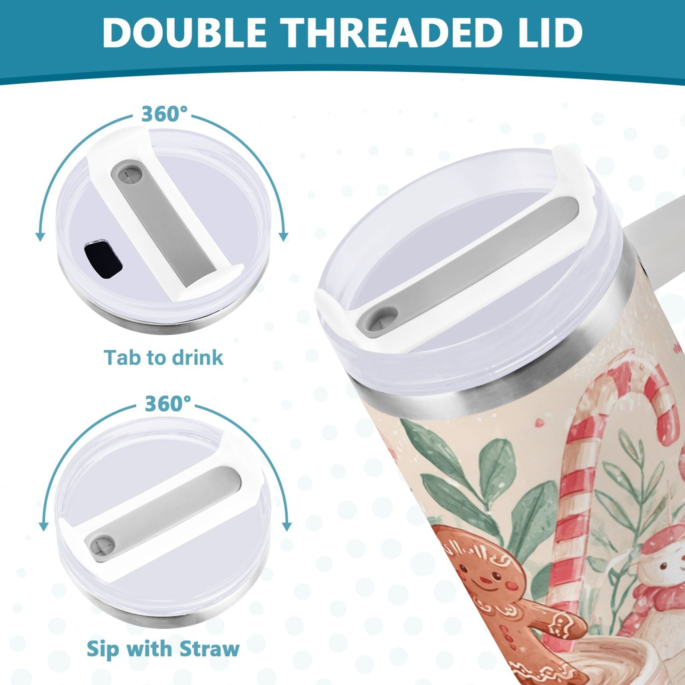 30 oz Insulated Stainless Steel Tumbler Double Wall Stainless Steel Tumbler with 2-Way Drinking Cute Christmas Design C600G