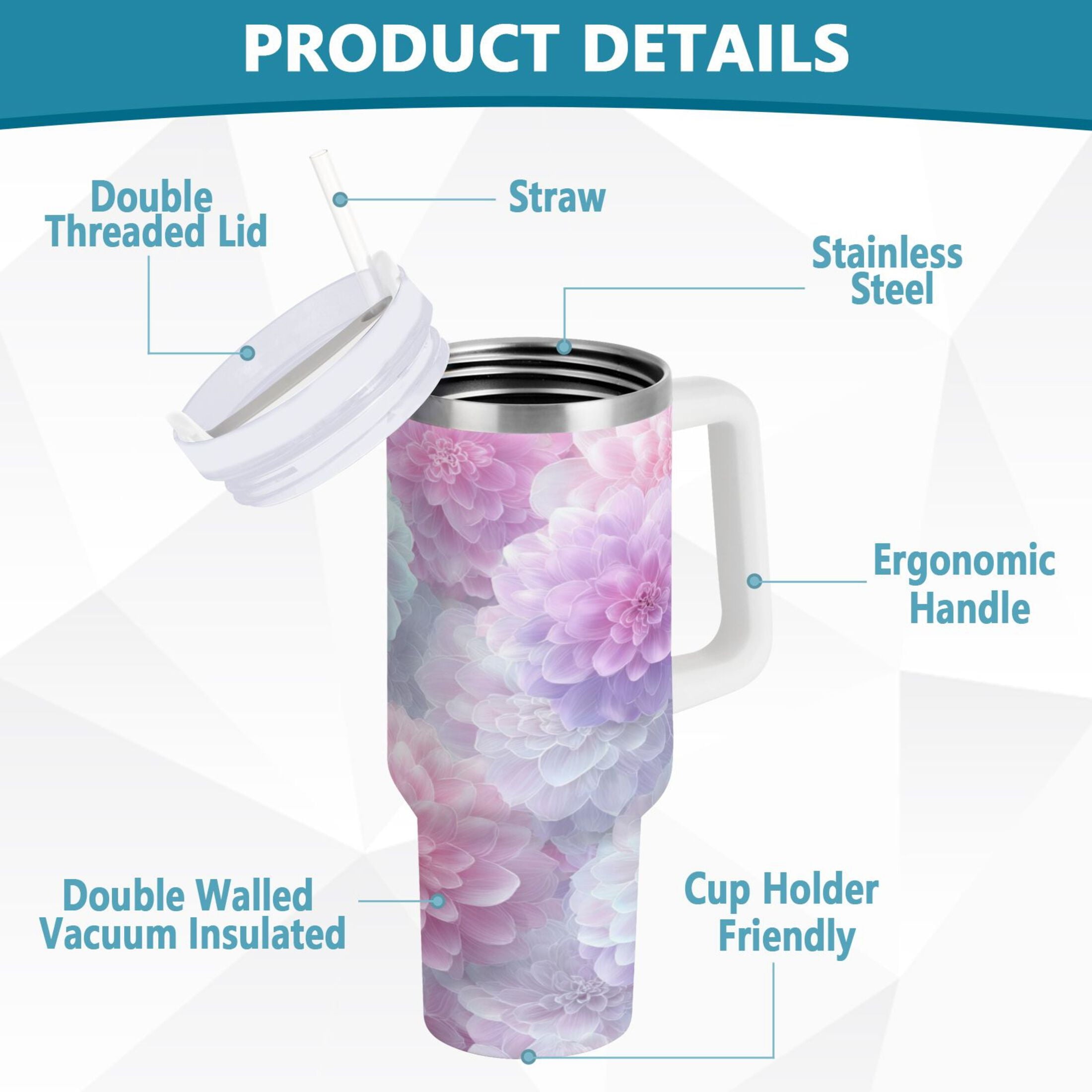 30 oz Insulated Stainless Steel Tumbler Double Wall Stainless Steel Tumbler with 2-Way Drinking Cute Pastel Watercolor Floral C578E