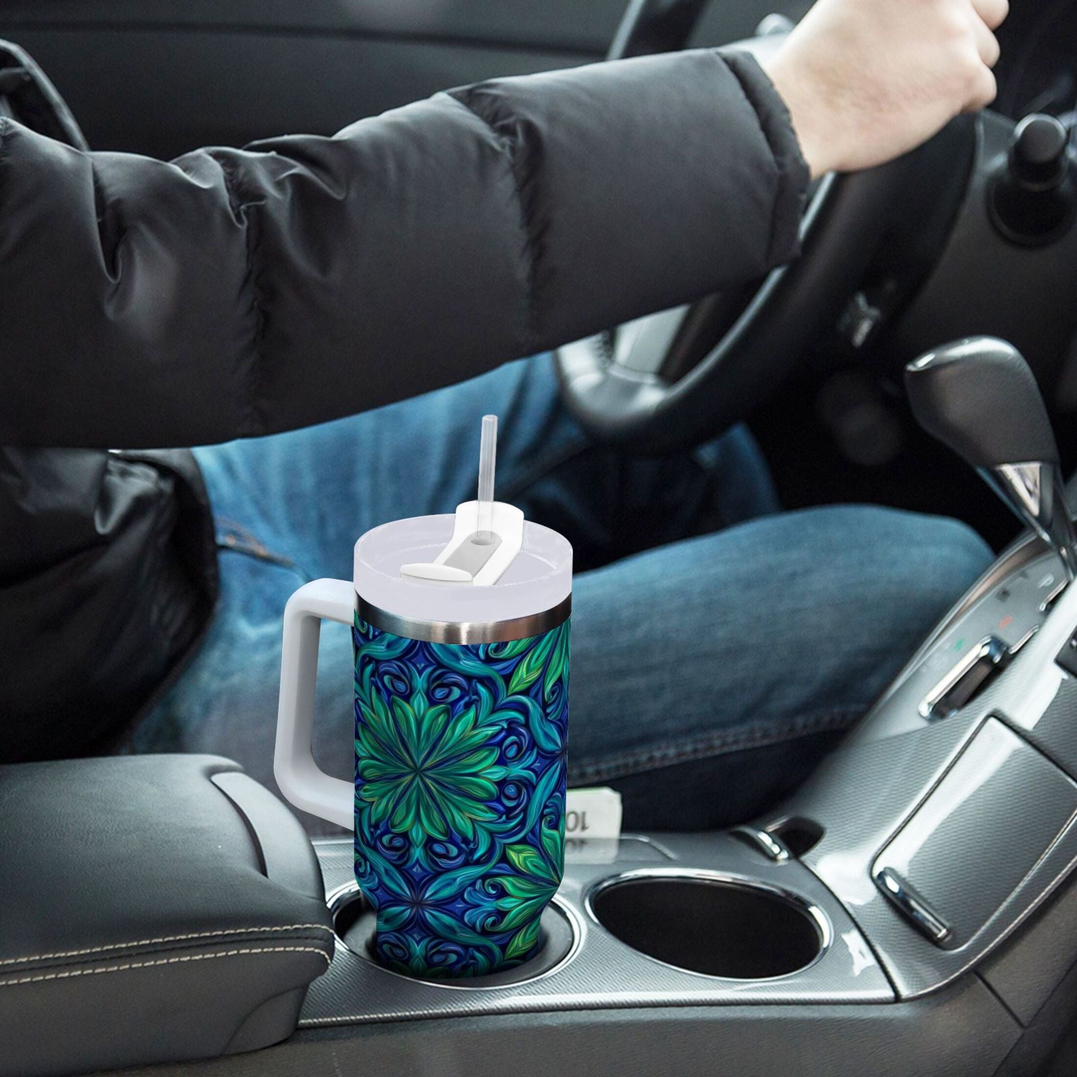 40 oz Insulated Stainless Steel Tumbler Double Wall Stainless Steel Tumbler with 2-Way Drinking Elegant Blue Traditional Patterns C603G