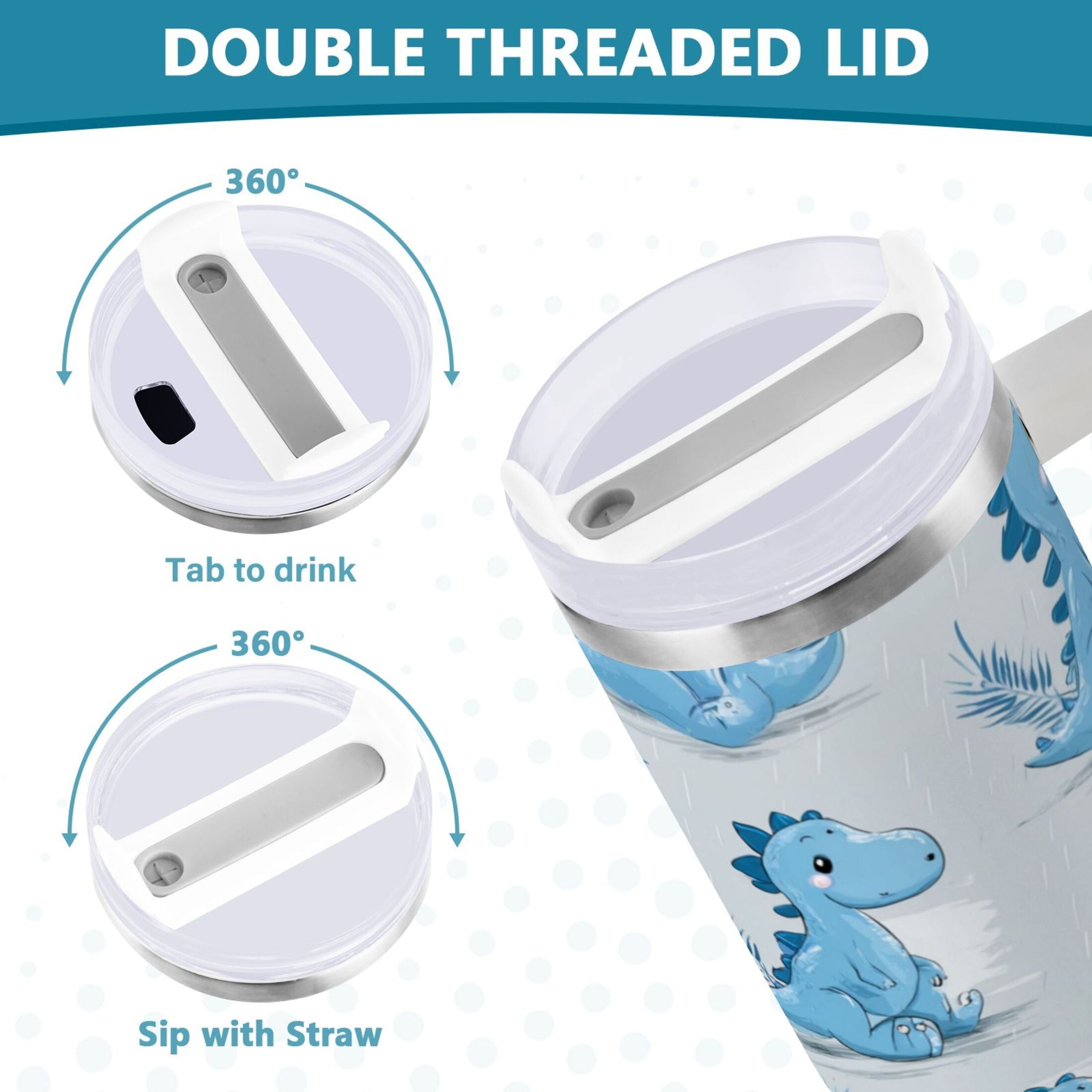 30 oz Insulated Stainless Steel Tumbler Double Wall Stainless Steel Tumbler with 2-Way Drinking Cartoon Blue Dinosaurs C495H