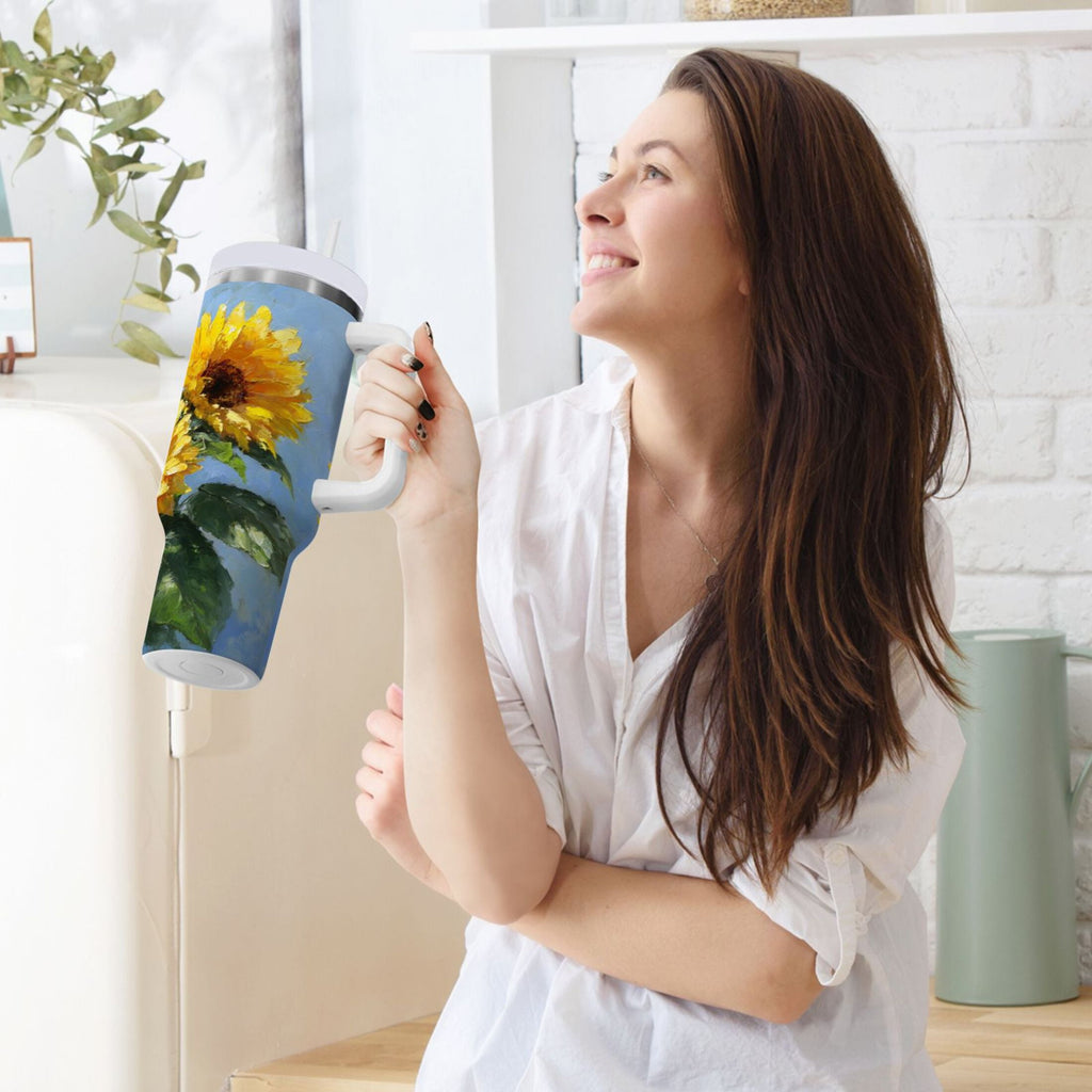 40 oz Insulated Stainless Steel Tumbler Double Wall Stainless Steel Tumbler with 2-Way Drinking Sunflowers Painting C611Q
