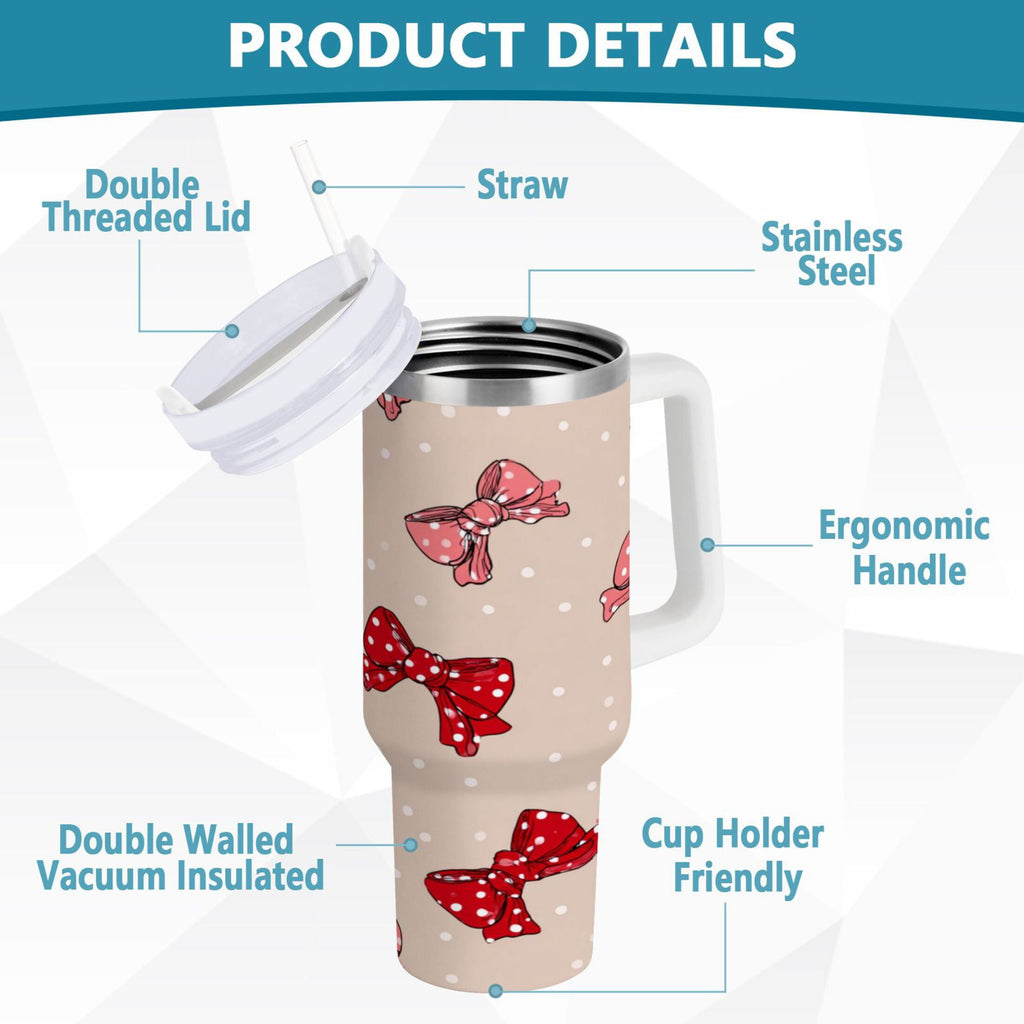 30 oz Insulated Stainless Steel Tumbler Double Wall Stainless Steel Tumbler with 2-Way Drinking Cute Red Bows Pattern C541R