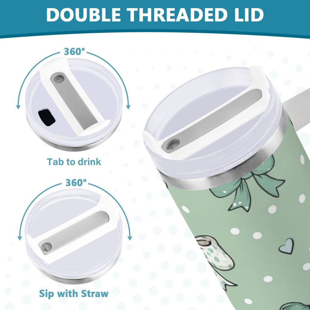30 oz Insulated Stainless Steel Tumbler Double Wall Stainless Steel Tumbler with 2-Way Drinking Green and Mint Bows C559E